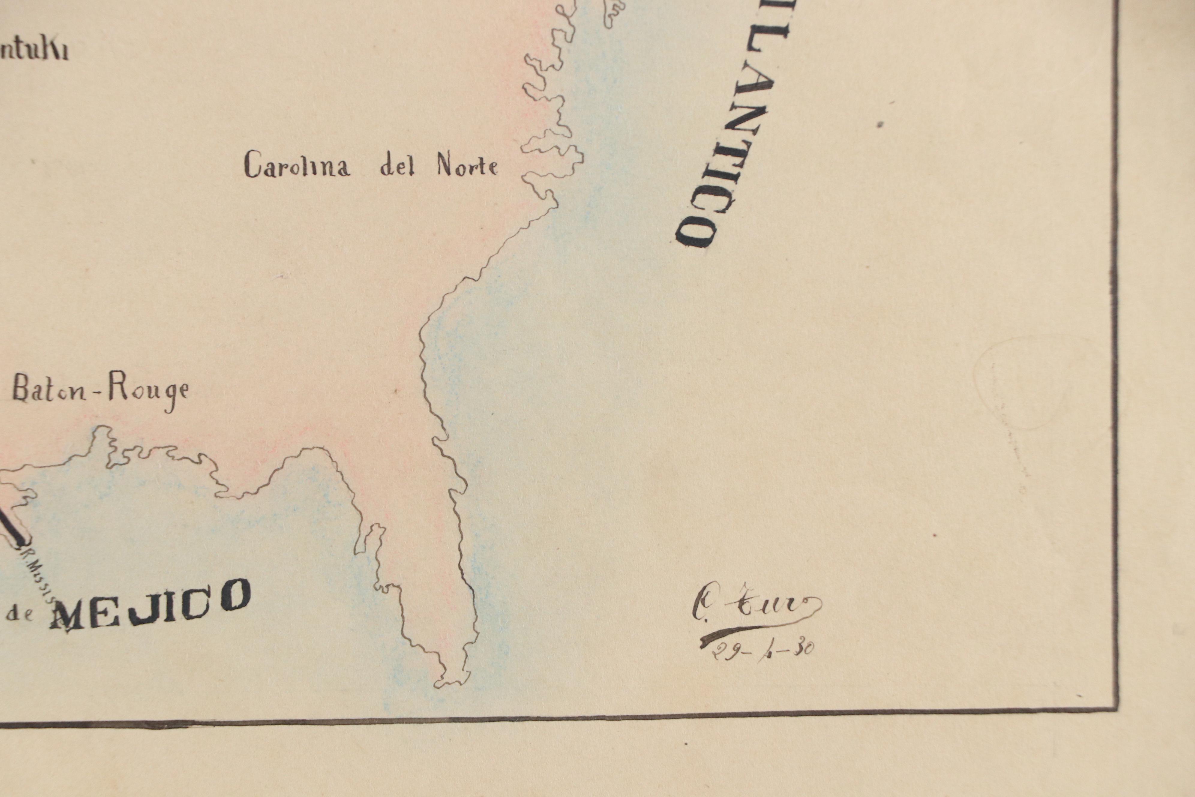 Ink Drawing of Manifest Destiny Map "Estados Unidos," Circa 1930