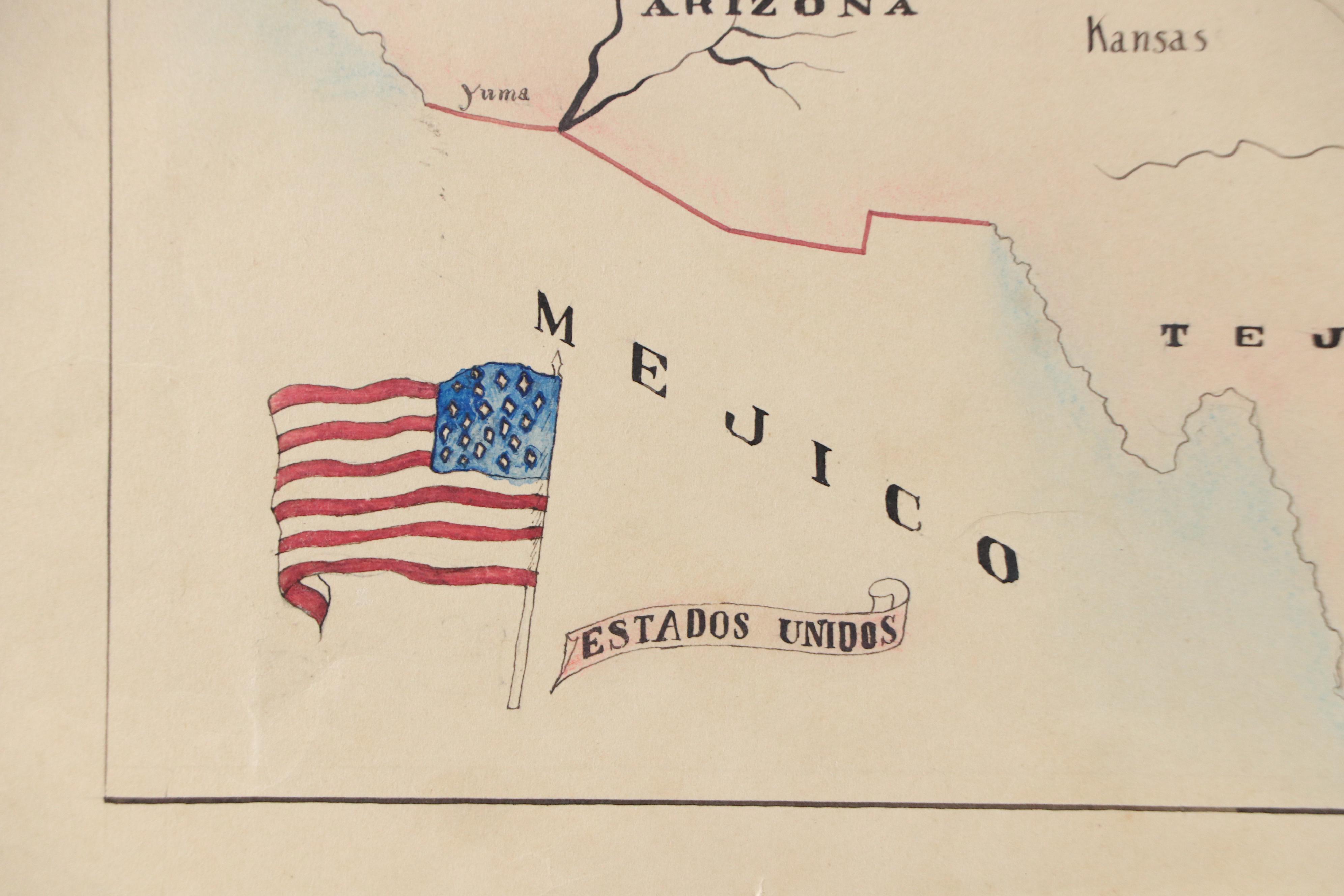Ink Drawing of Manifest Destiny Map "Estados Unidos," Circa 1930