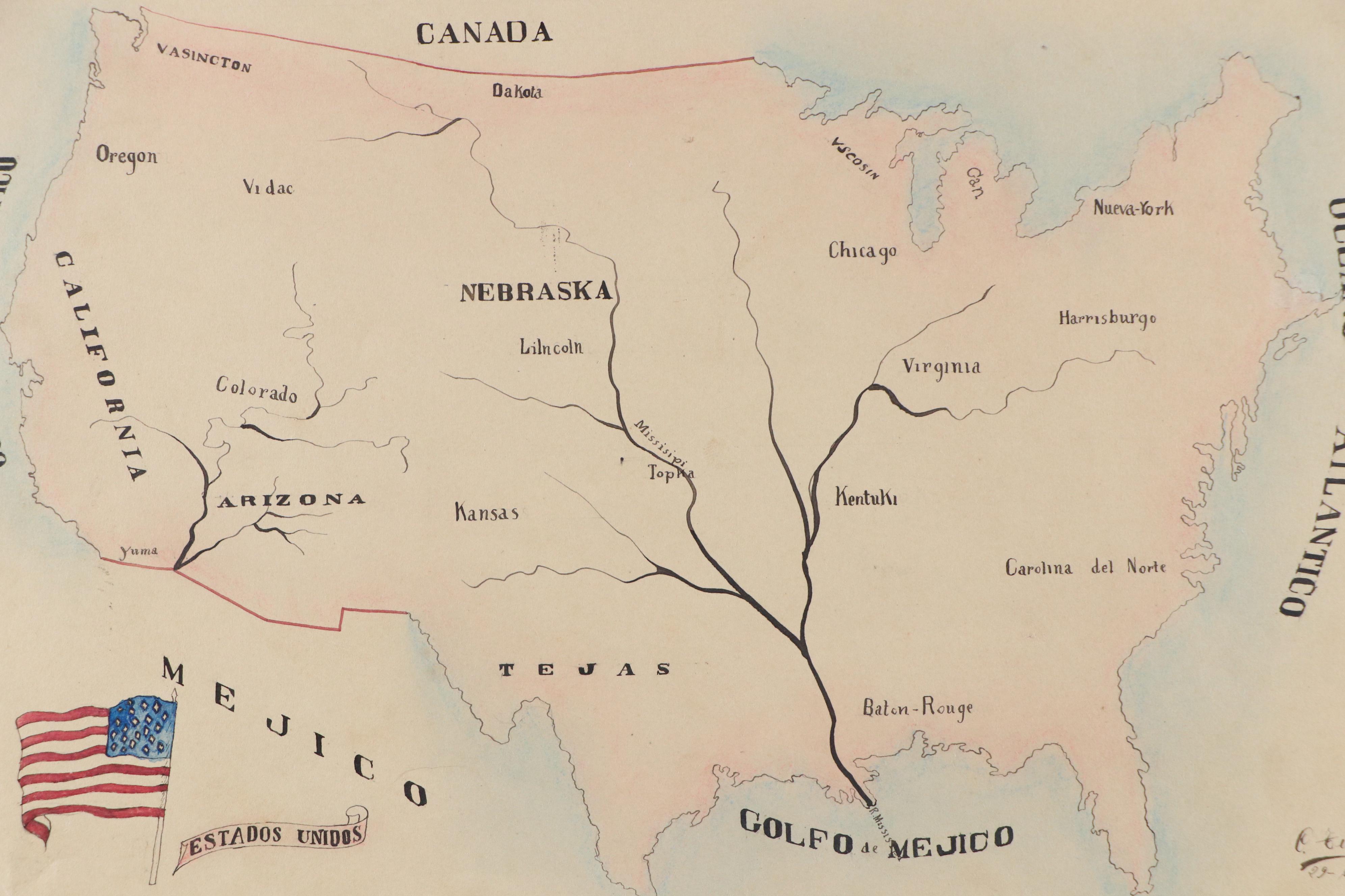 Ink Drawing of Manifest Destiny Map "Estados Unidos," Circa 1930