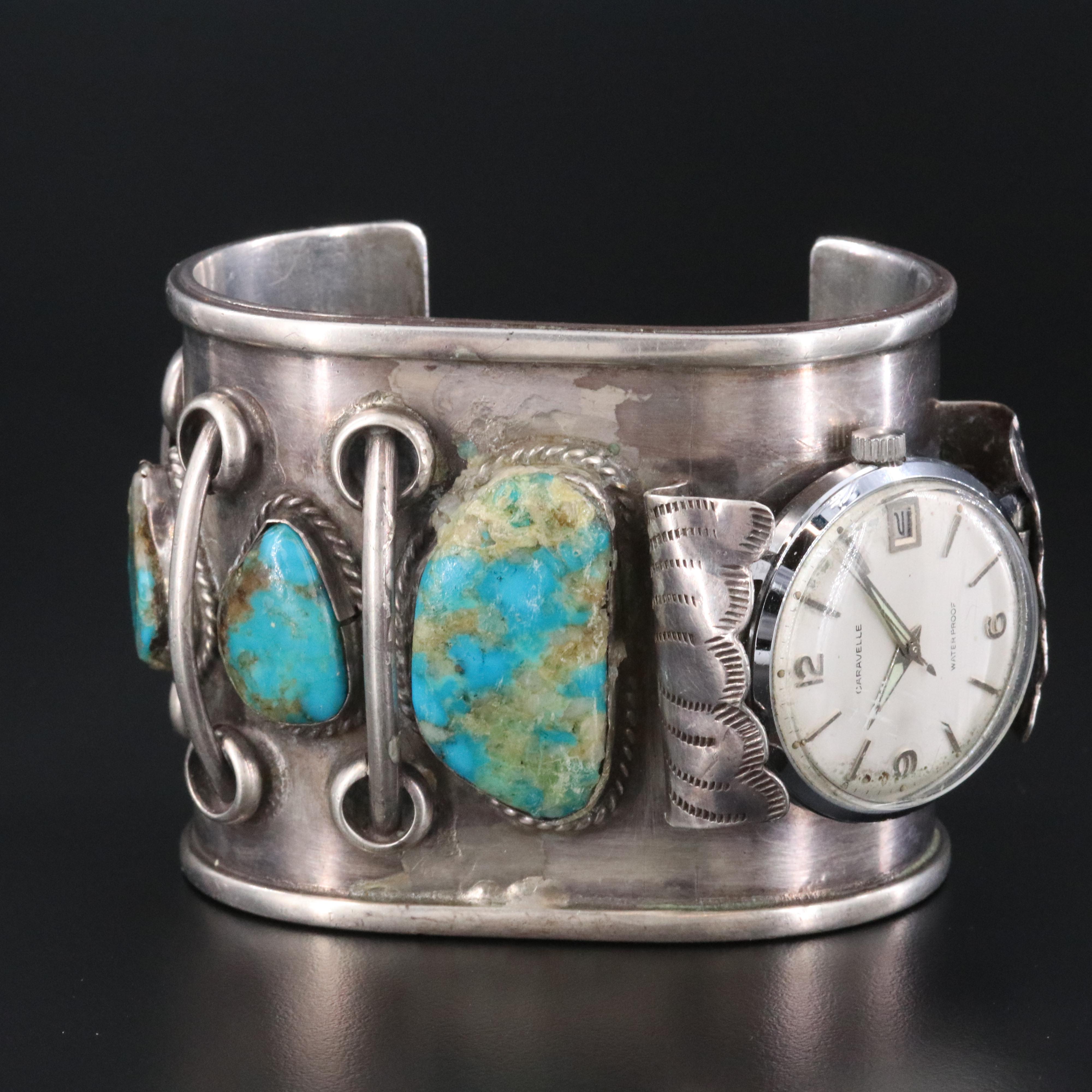 Caravelle Sterling Silver Turquoise Band Watch