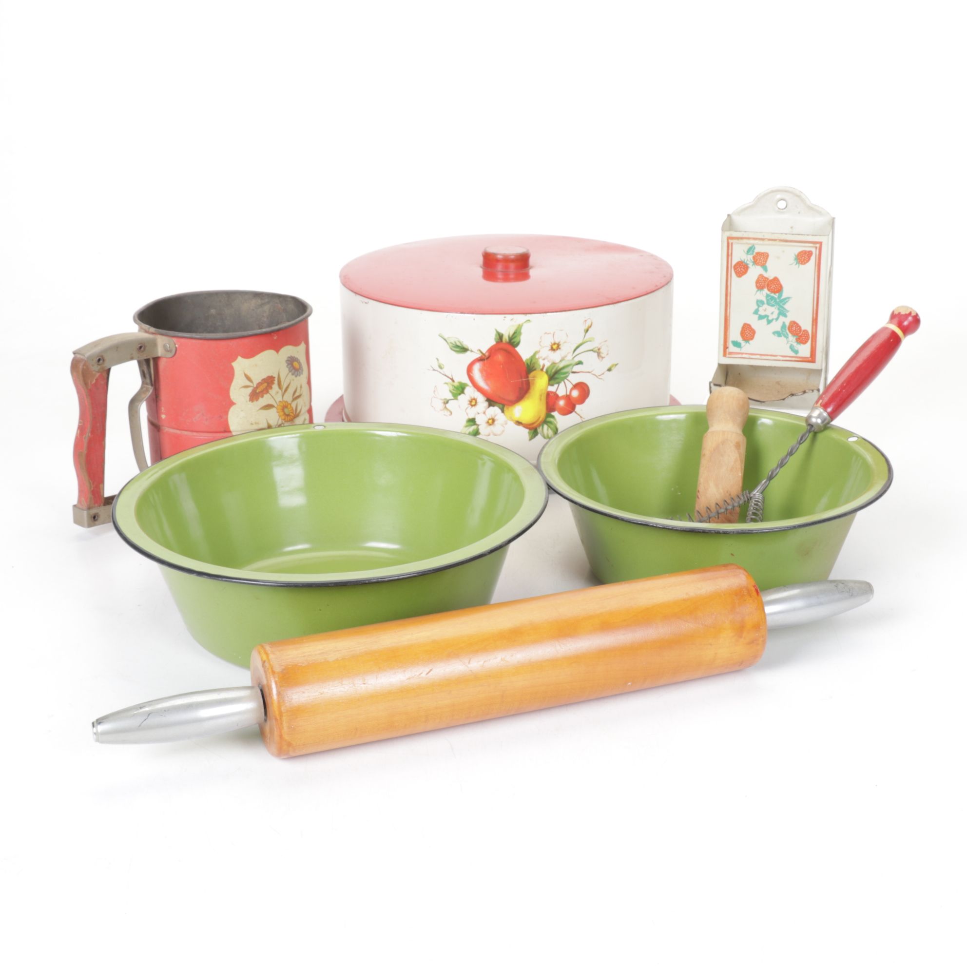 Covered Cake Plate, Hand Sifter & Other Kitchen Tools, Mid-20th Century
