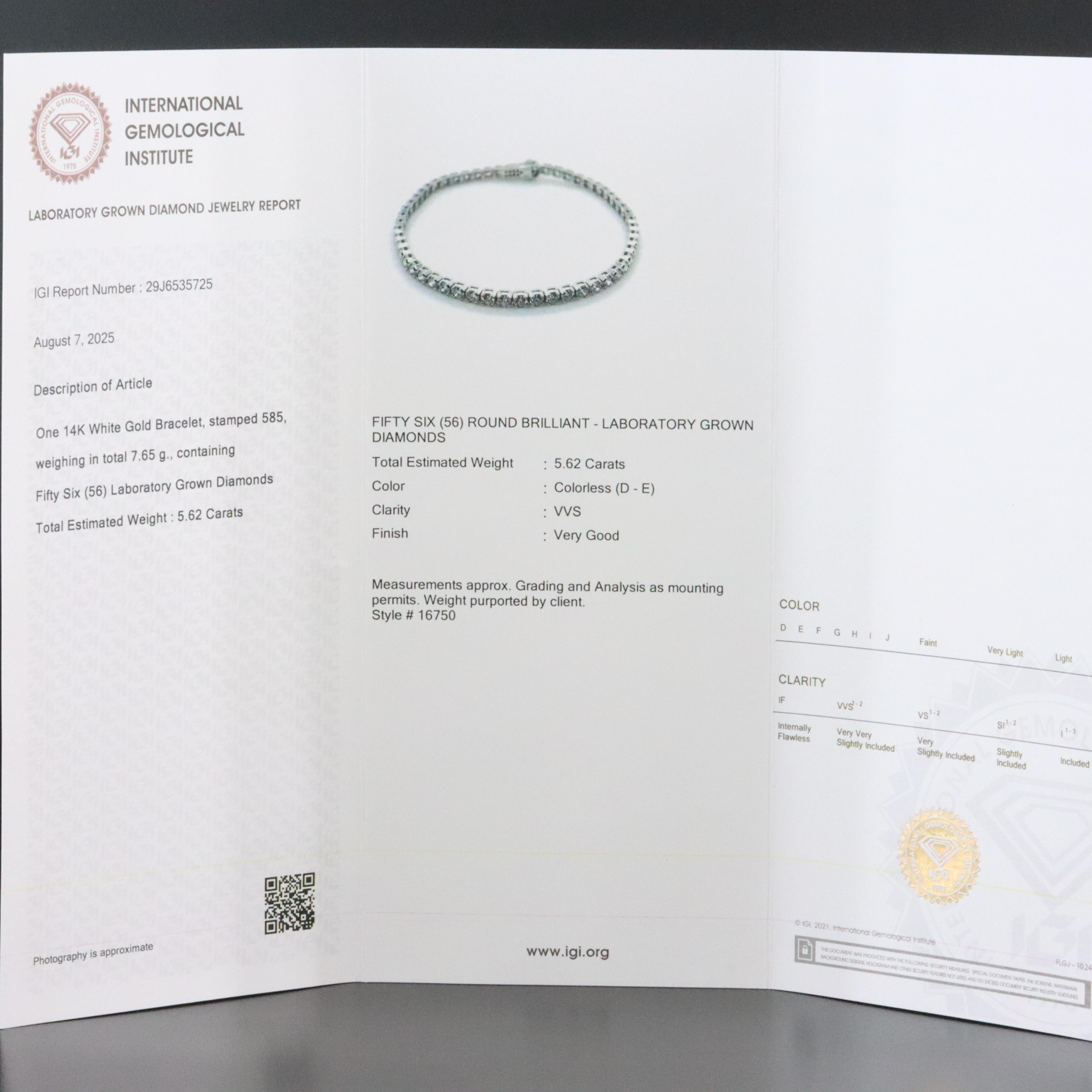 14K 5.62 CTW Lab Grown Diamond Bracelet with IGI Jewelry Report