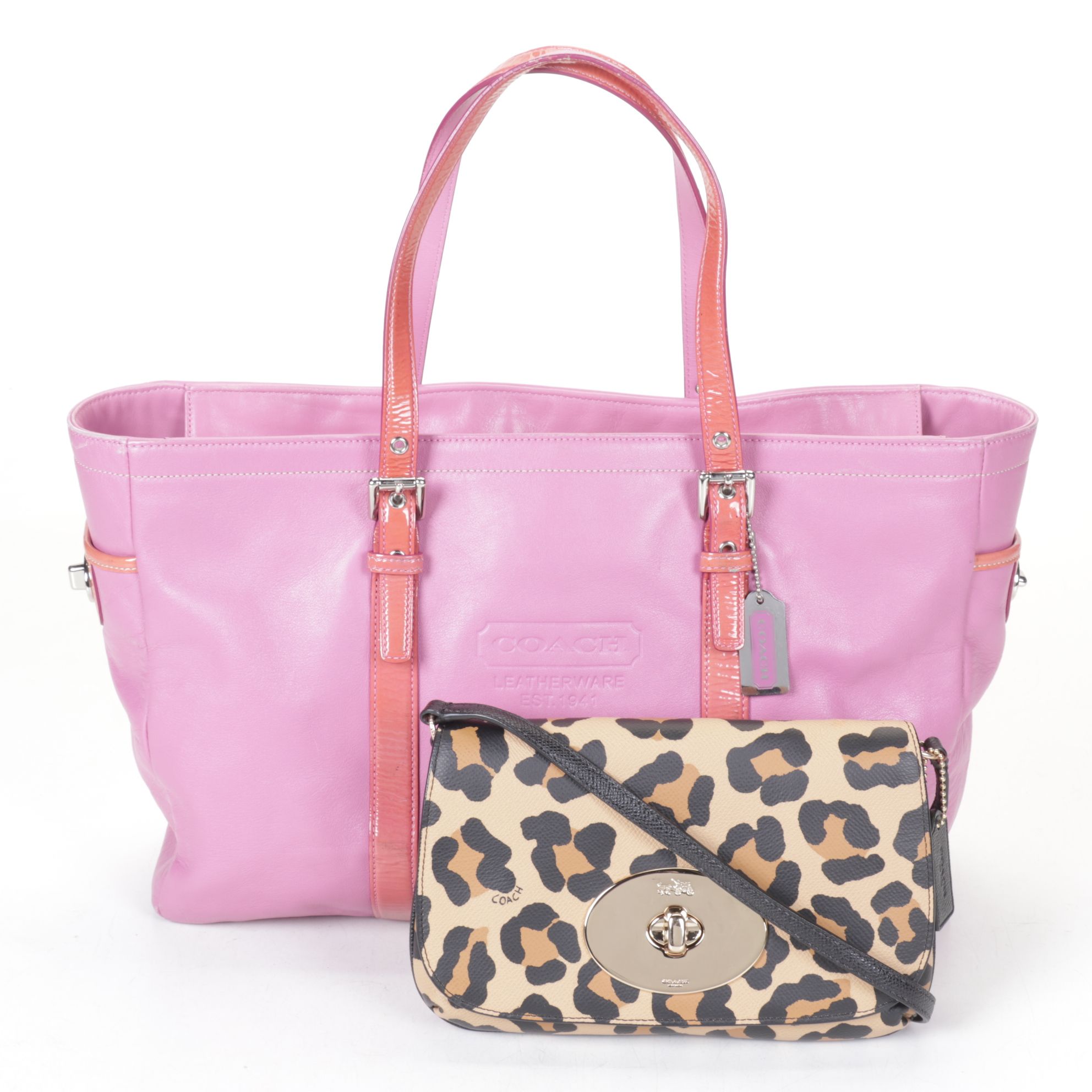 Coach Pink Tote with Patent Leather Trim & Ocelot Print Cross-Body Bag