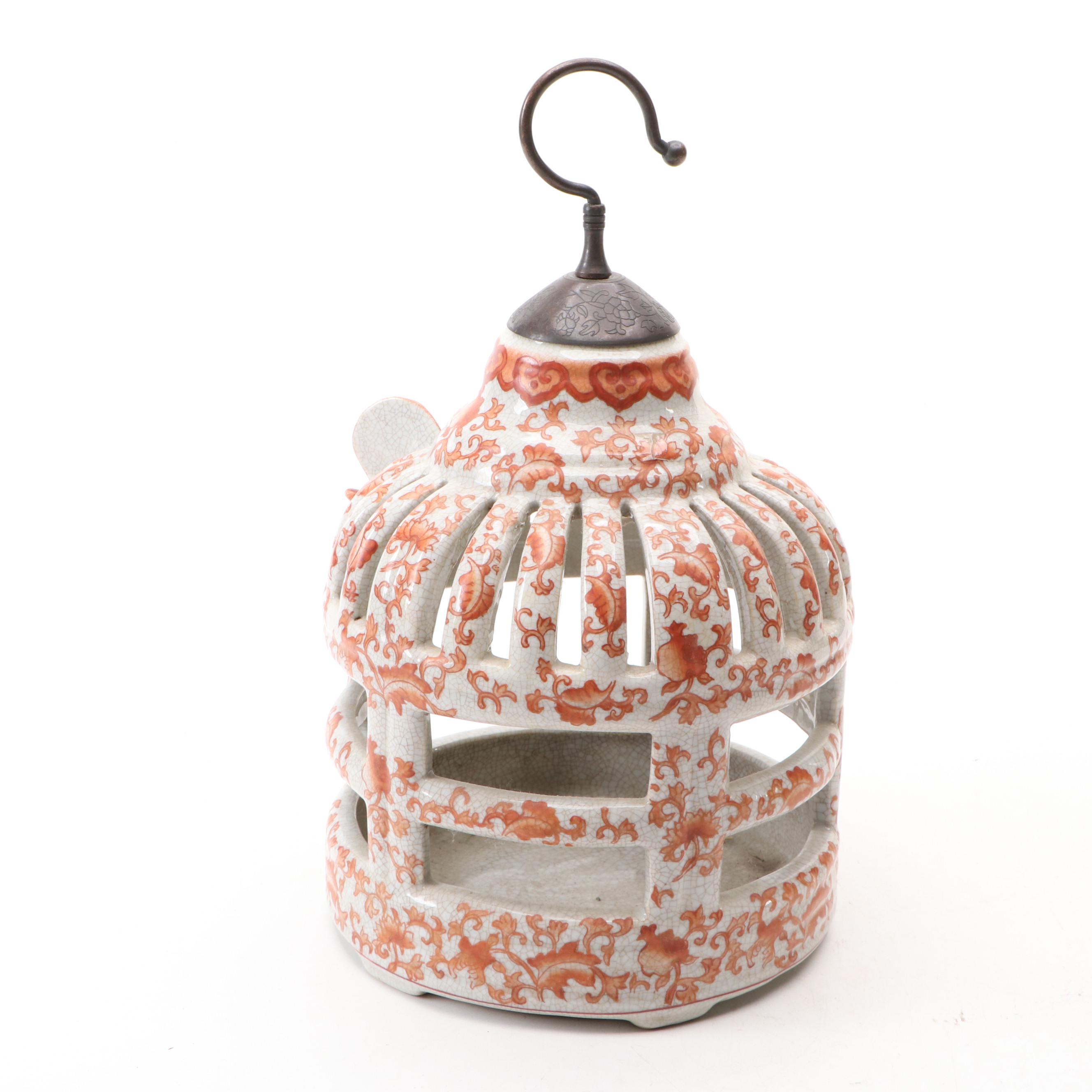 Chinese Hand-Painted Ceramic Hanging Lantern with Bird Accents, 2008