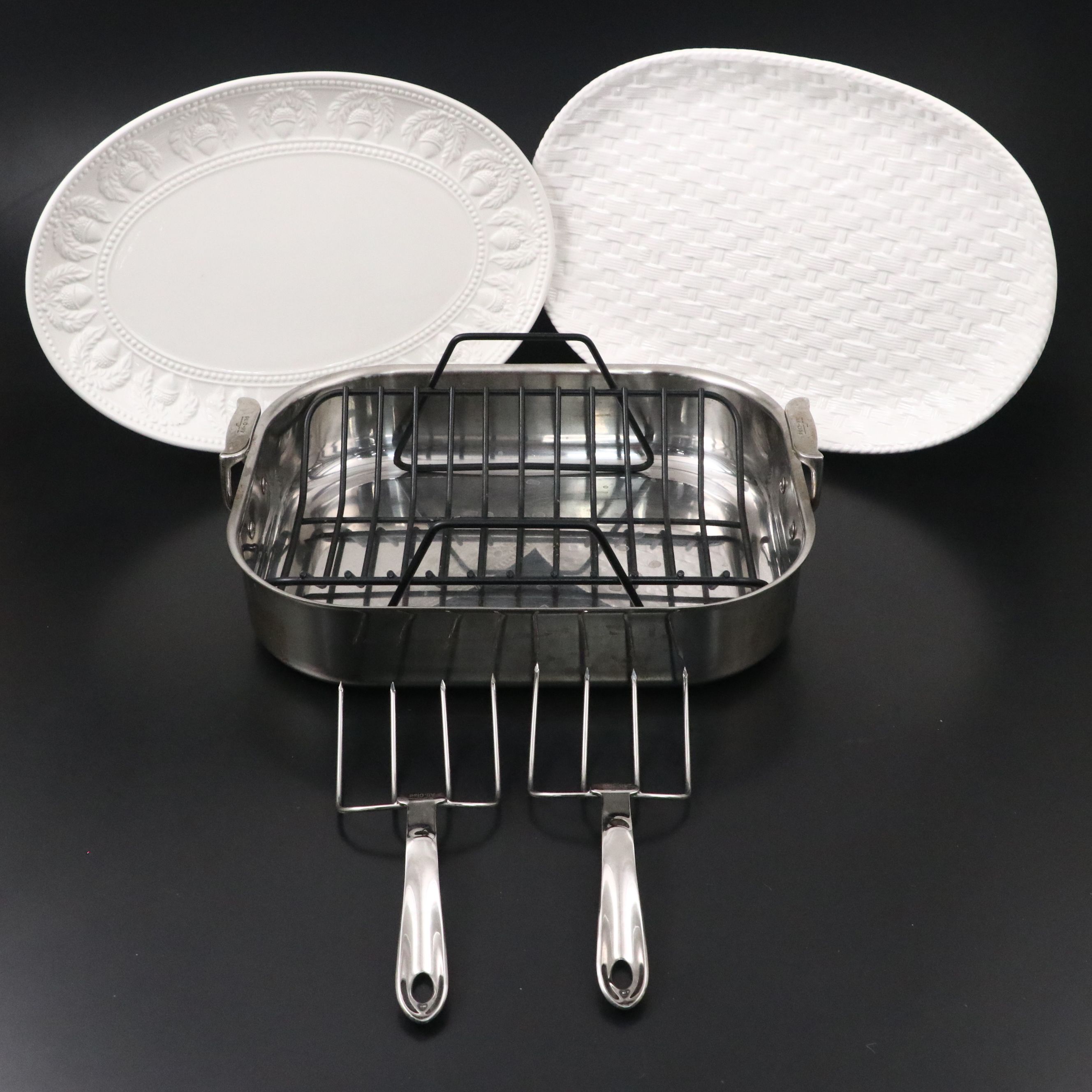 All-Clad Roaster and Turkey Forks with White Ceramic Trays