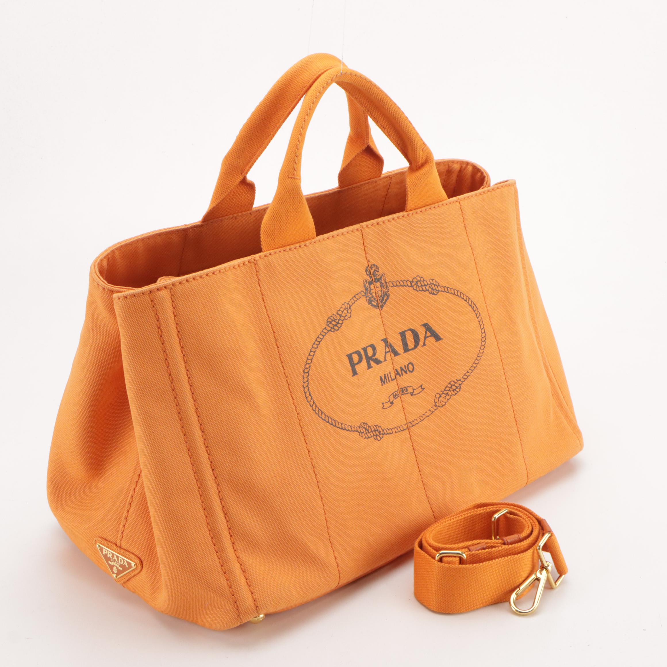 Prada Logo Large Tote B1872G in Papaya Canapa Canvas