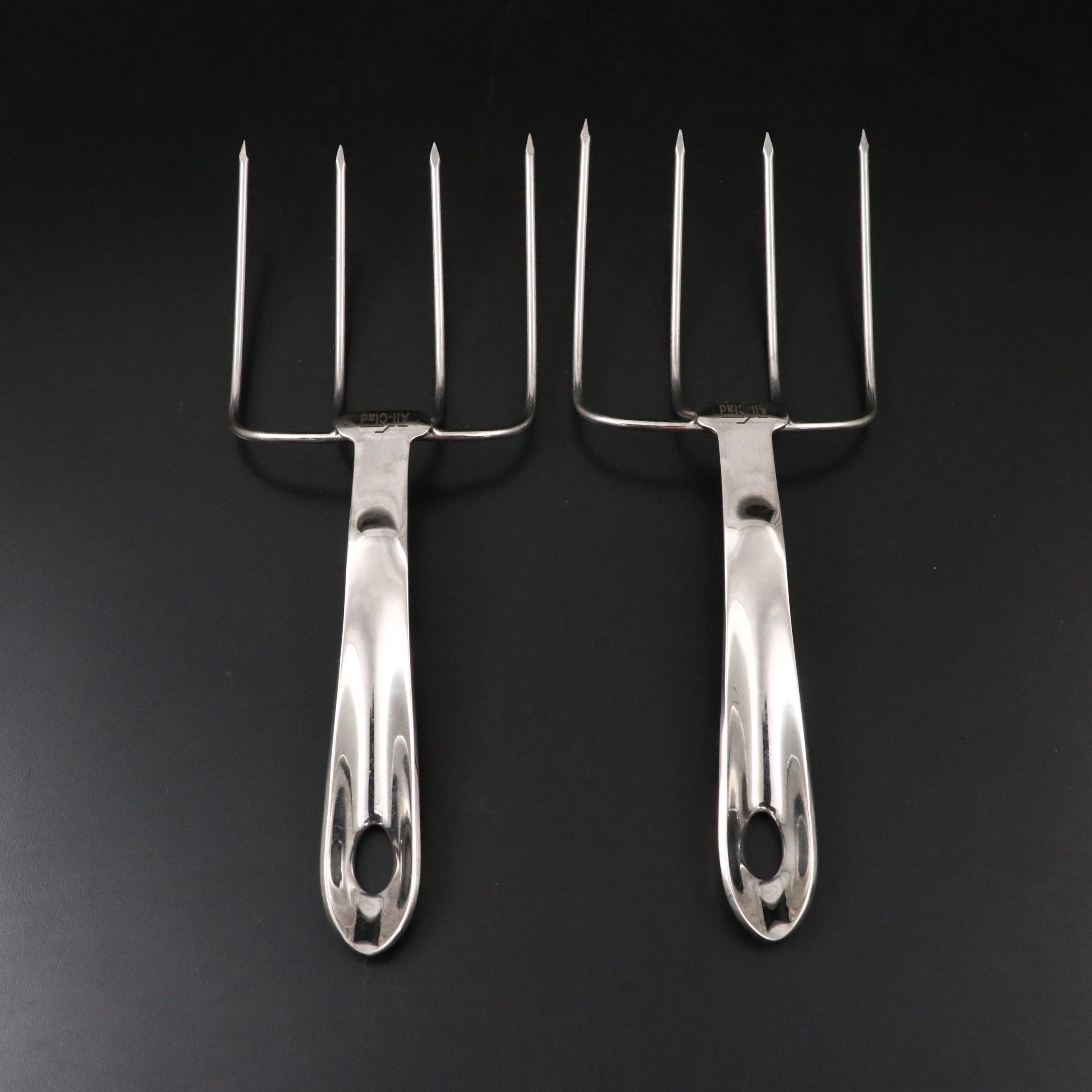 All-Clad Roaster and Turkey Forks with White Ceramic Trays