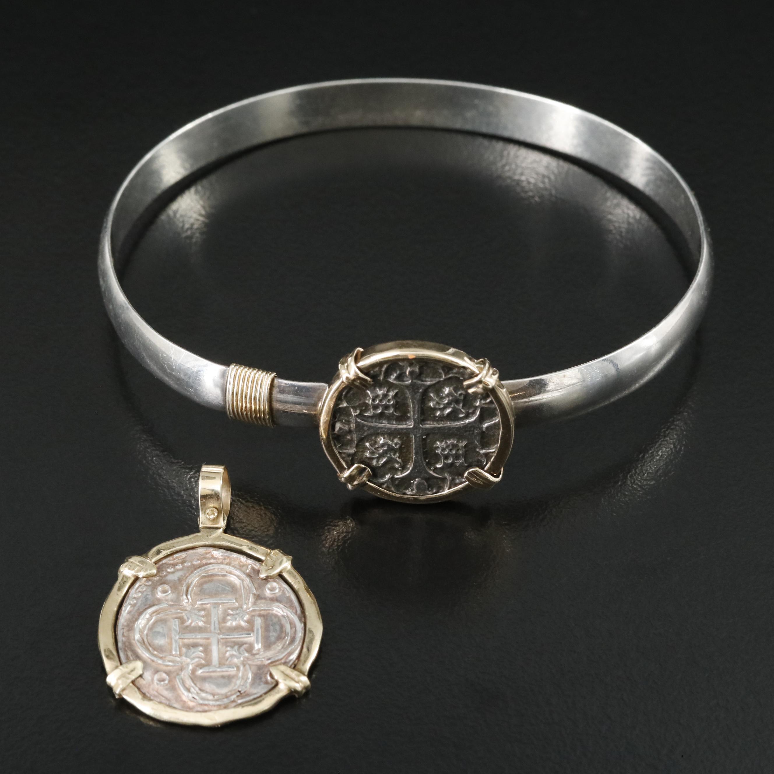 Sterling Bracelet and 10K Pendant with Reproduction Cob Coins