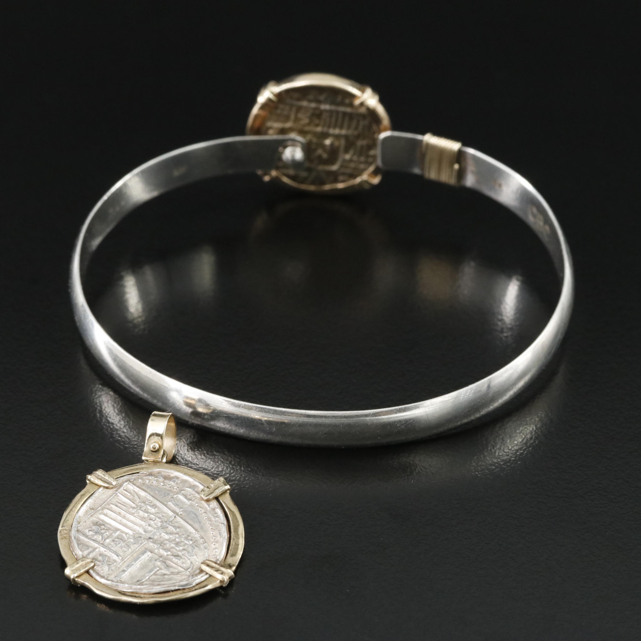 Sterling Bracelet and 10K Pendant with Reproduction Cob Coins