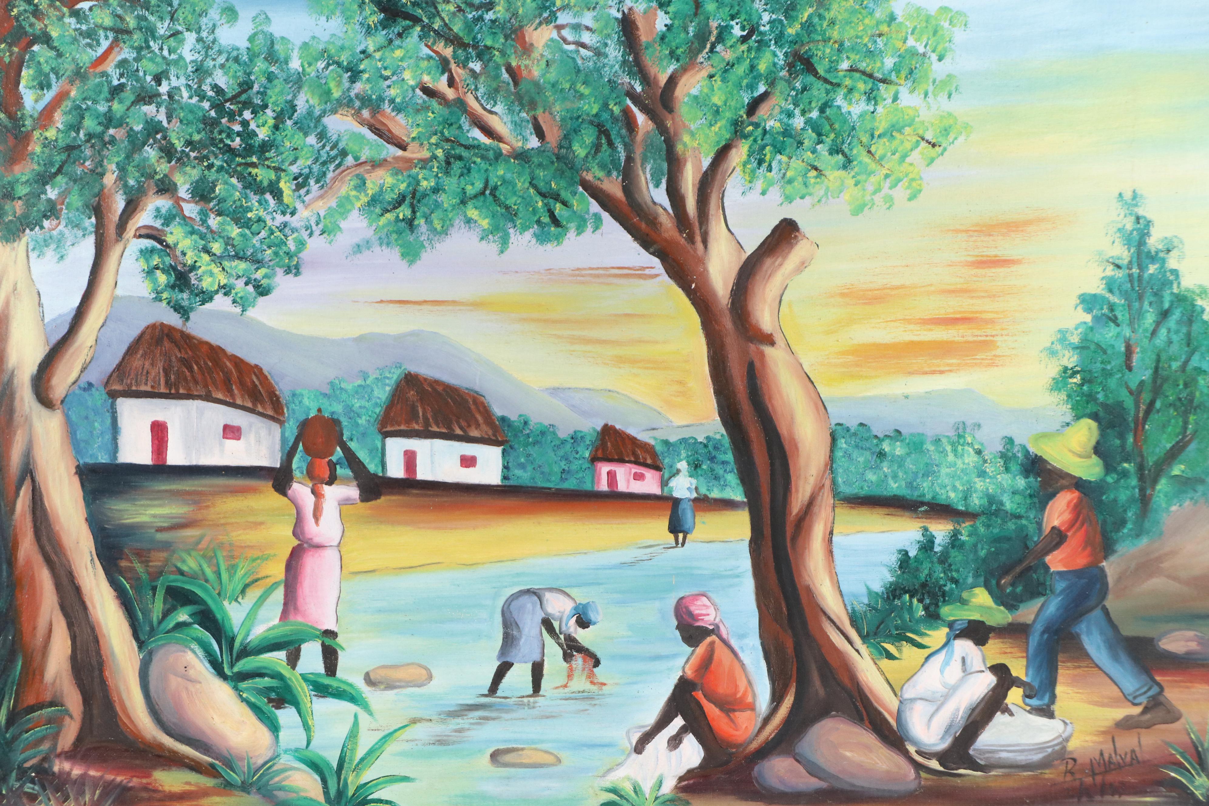 Attributed to Raymond Malval Haitian Genre Scene Acrylic Painting, 1967