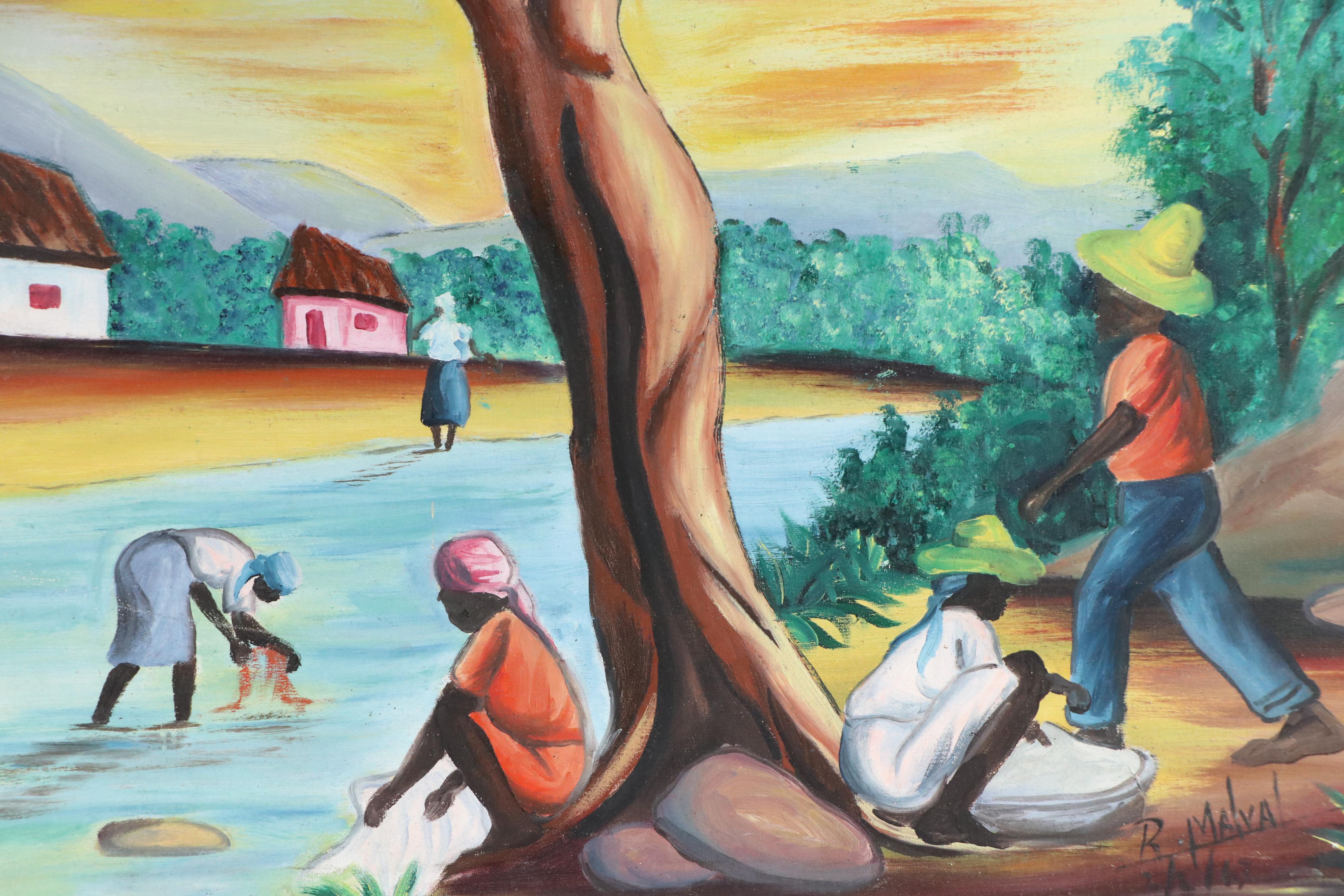 Attributed to Raymond Malval Haitian Genre Scene Acrylic Painting, 1967