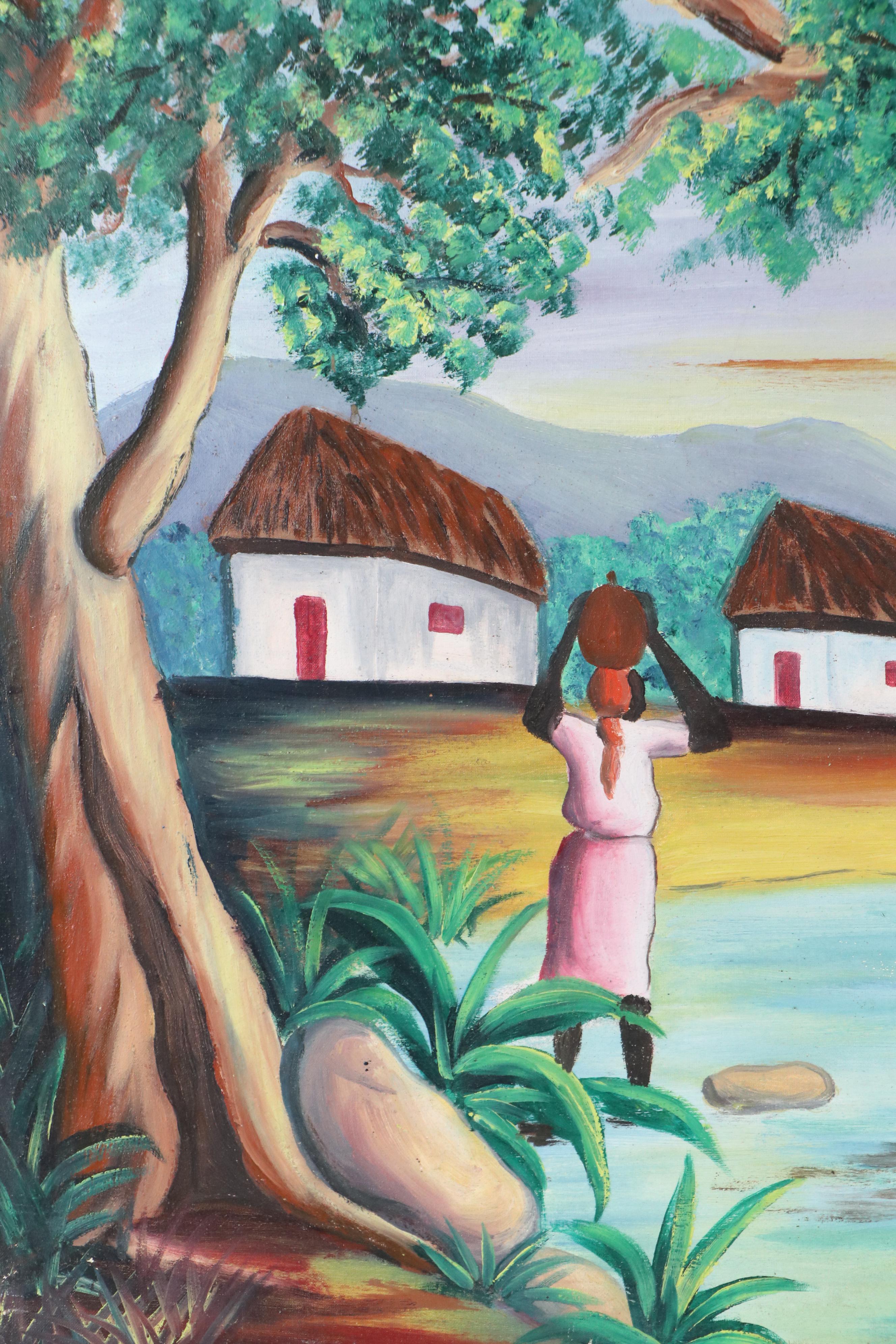 Attributed to Raymond Malval Haitian Genre Scene Acrylic Painting, 1967