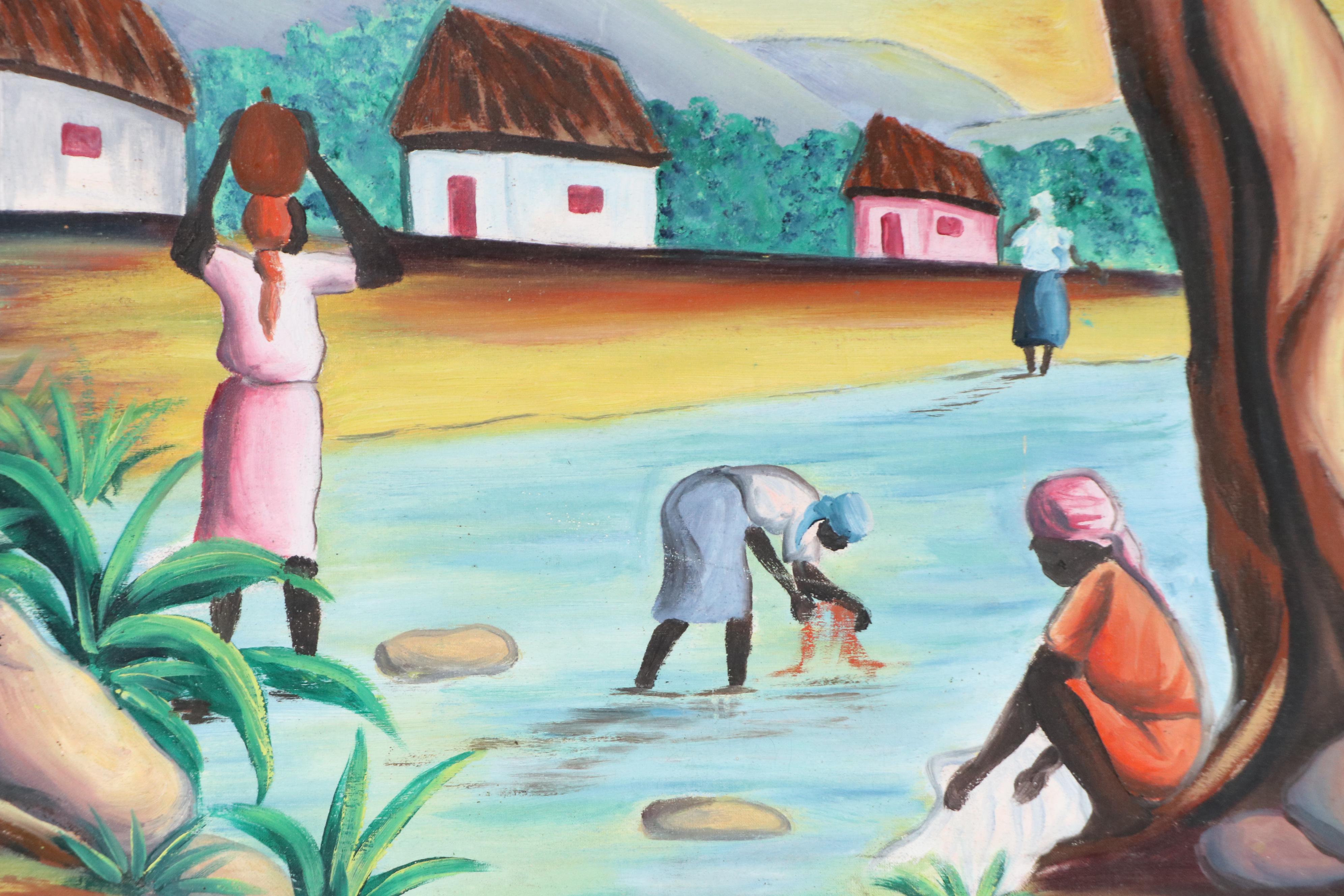 Attributed to Raymond Malval Haitian Genre Scene Acrylic Painting, 1967