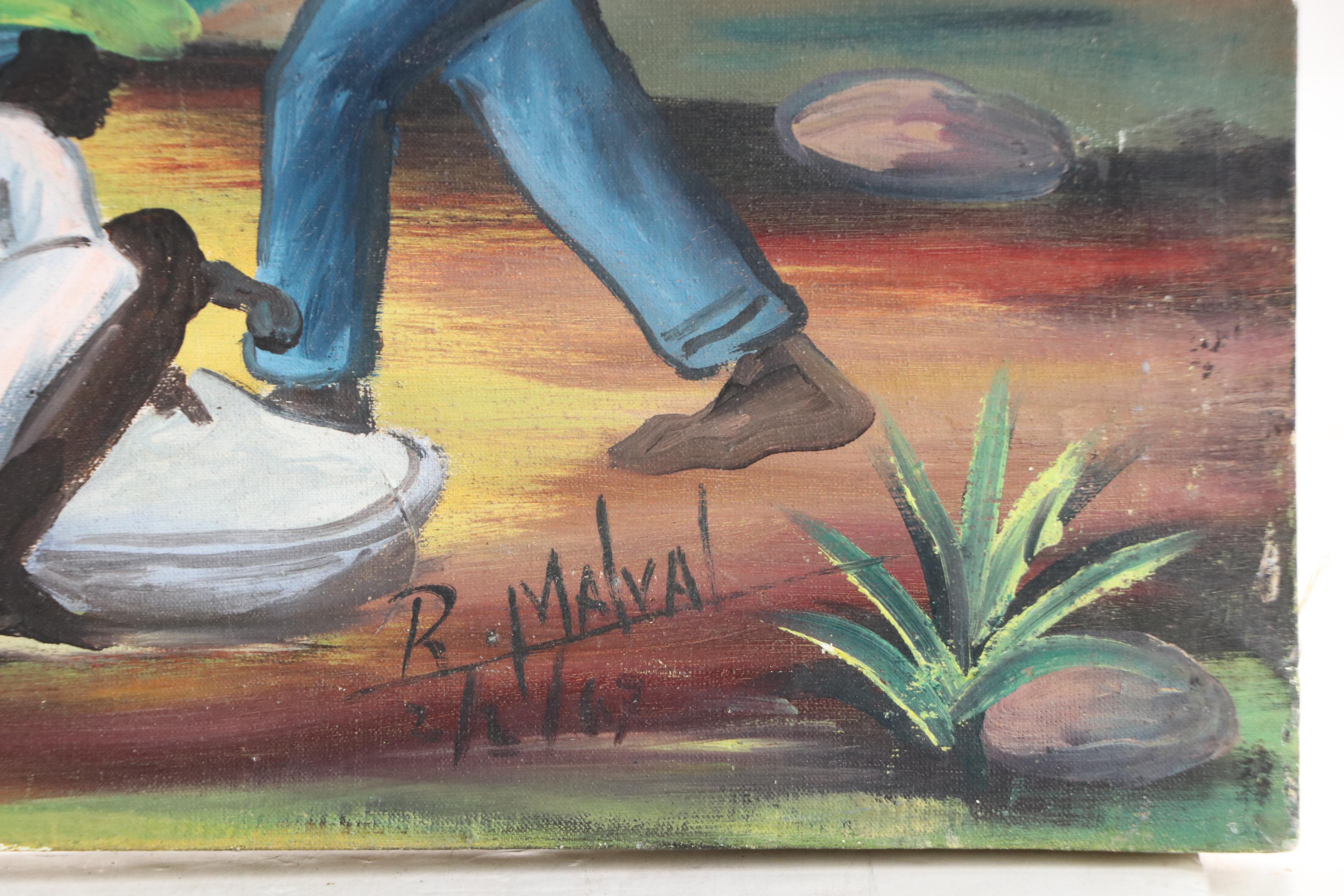 Attributed to Raymond Malval Haitian Genre Scene Acrylic Painting, 1967