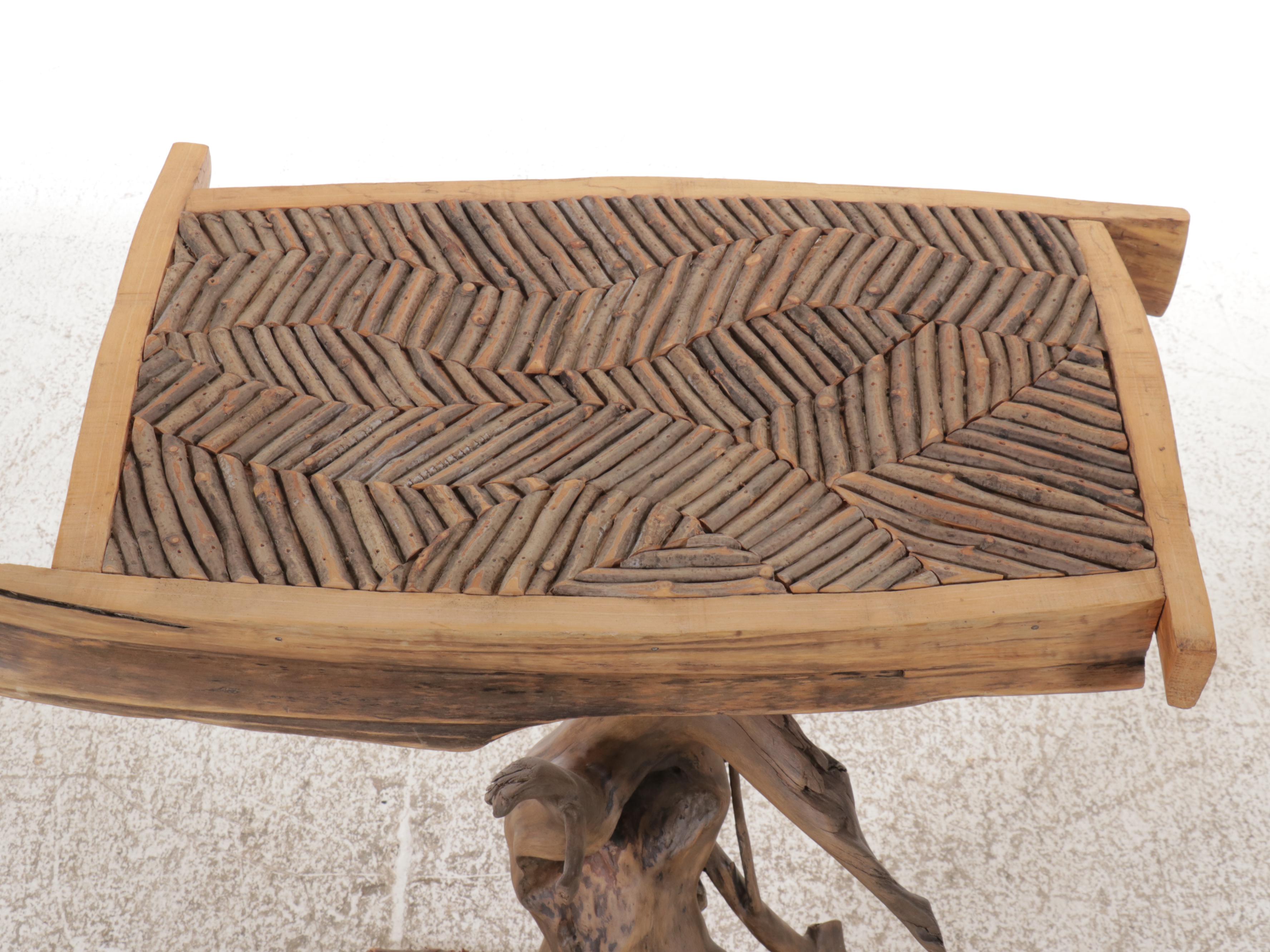 Robert Beaven Adirondack Style Burl Branch and Twig Inlay Side Table