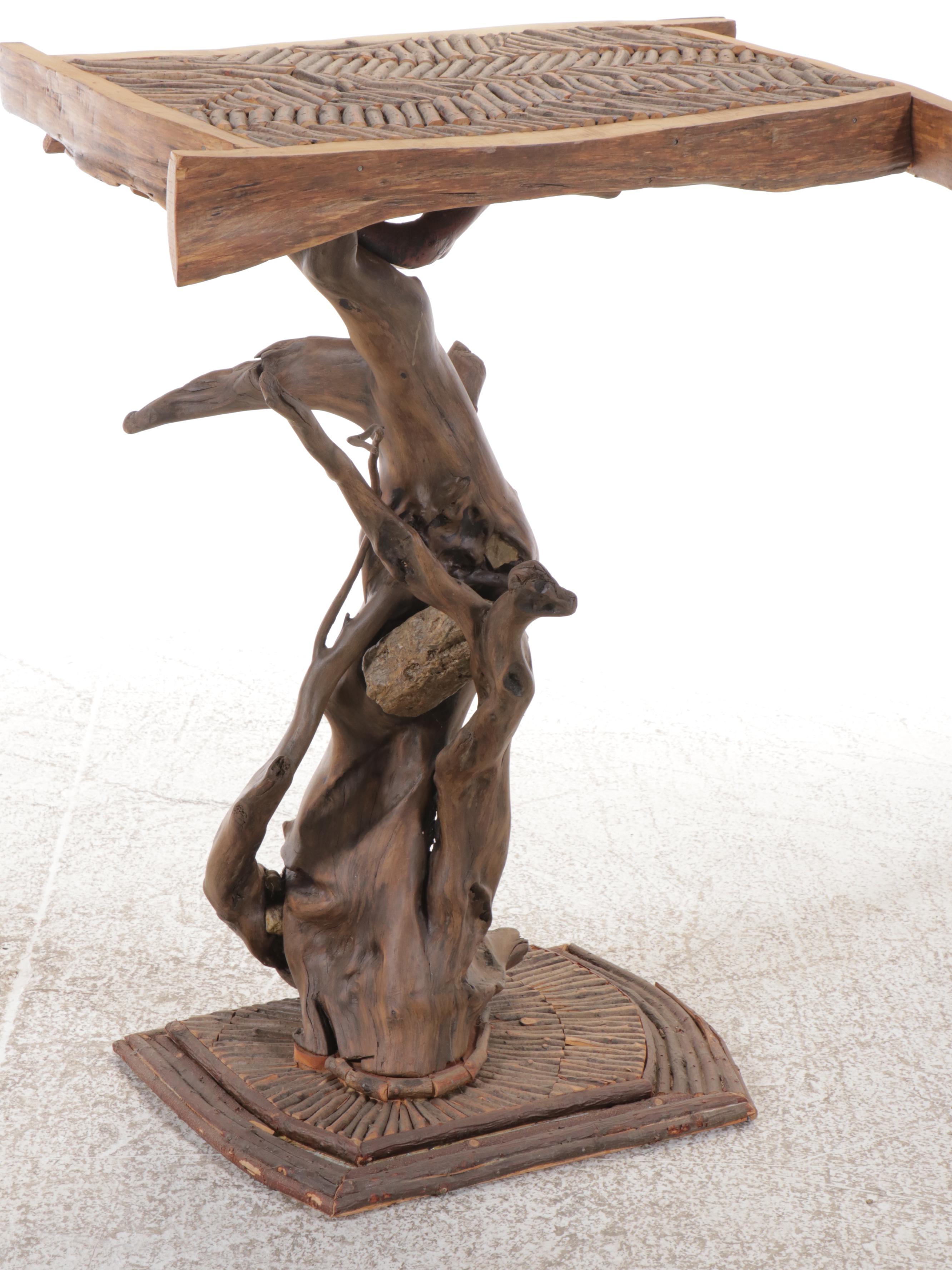 Robert Beaven Adirondack Style Burl Branch and Twig Inlay Side Table