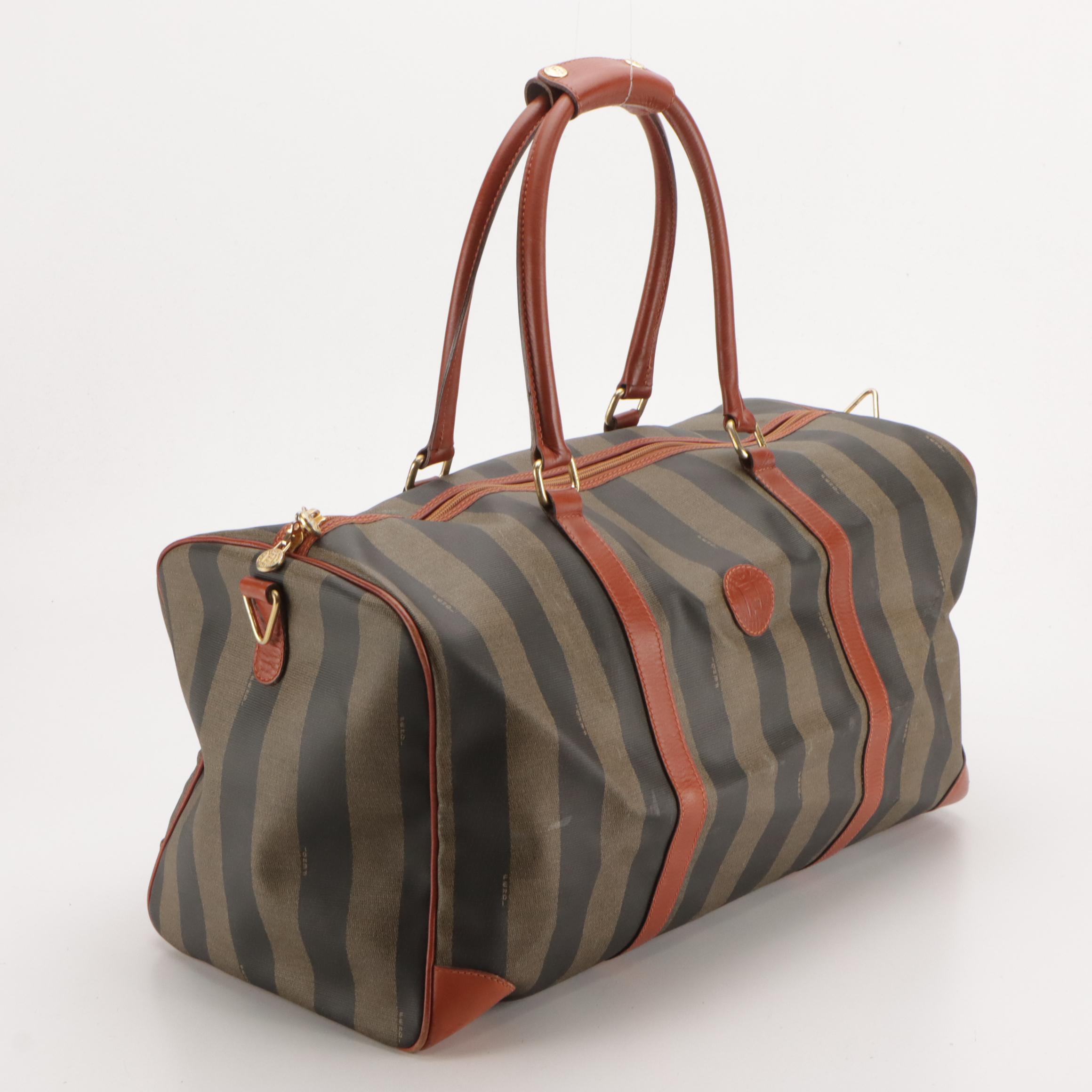 Fendi Pequin Striped Canvas and Brown Leather Trimmed Travel Bag