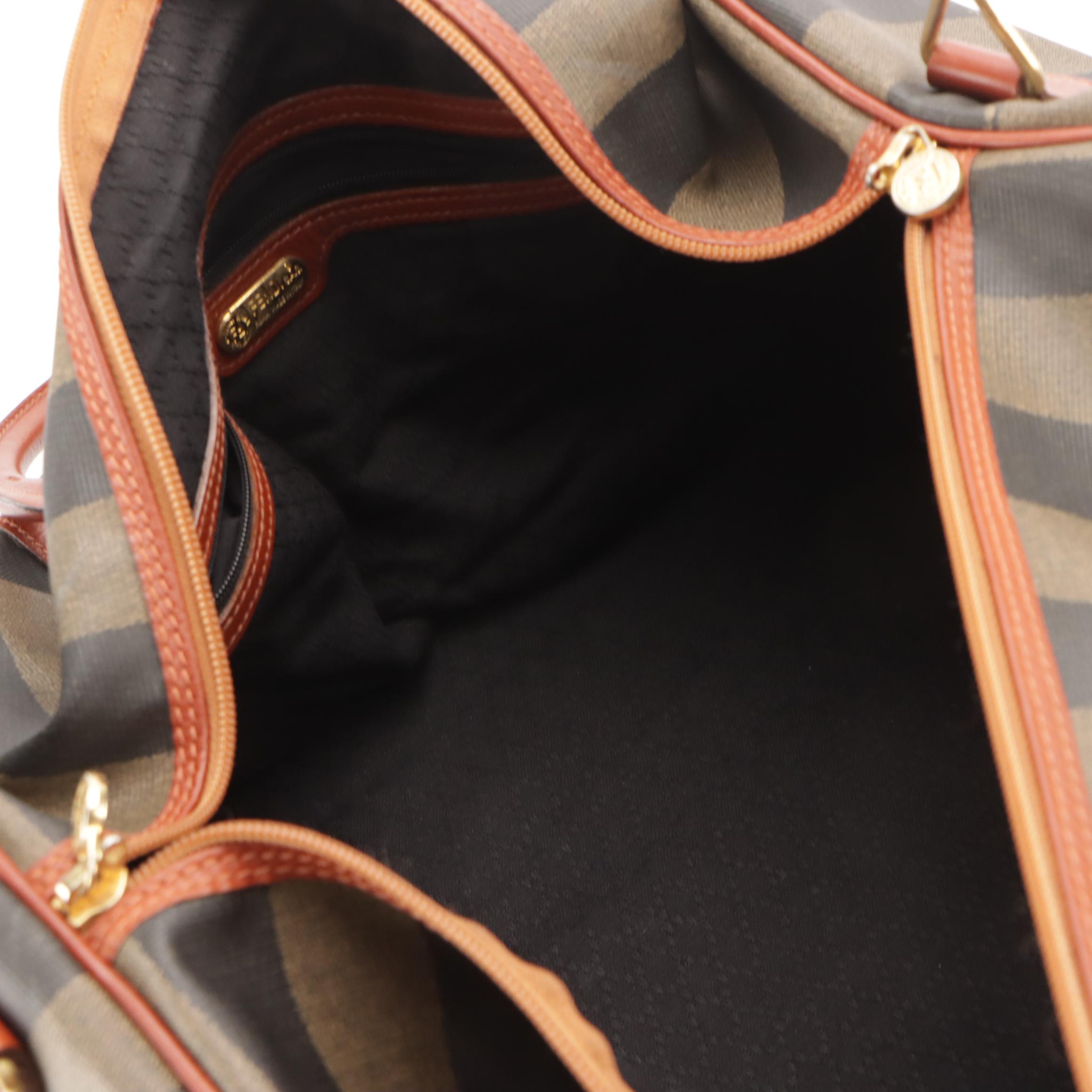 Fendi Pequin Striped Canvas and Brown Leather Trimmed Travel Bag