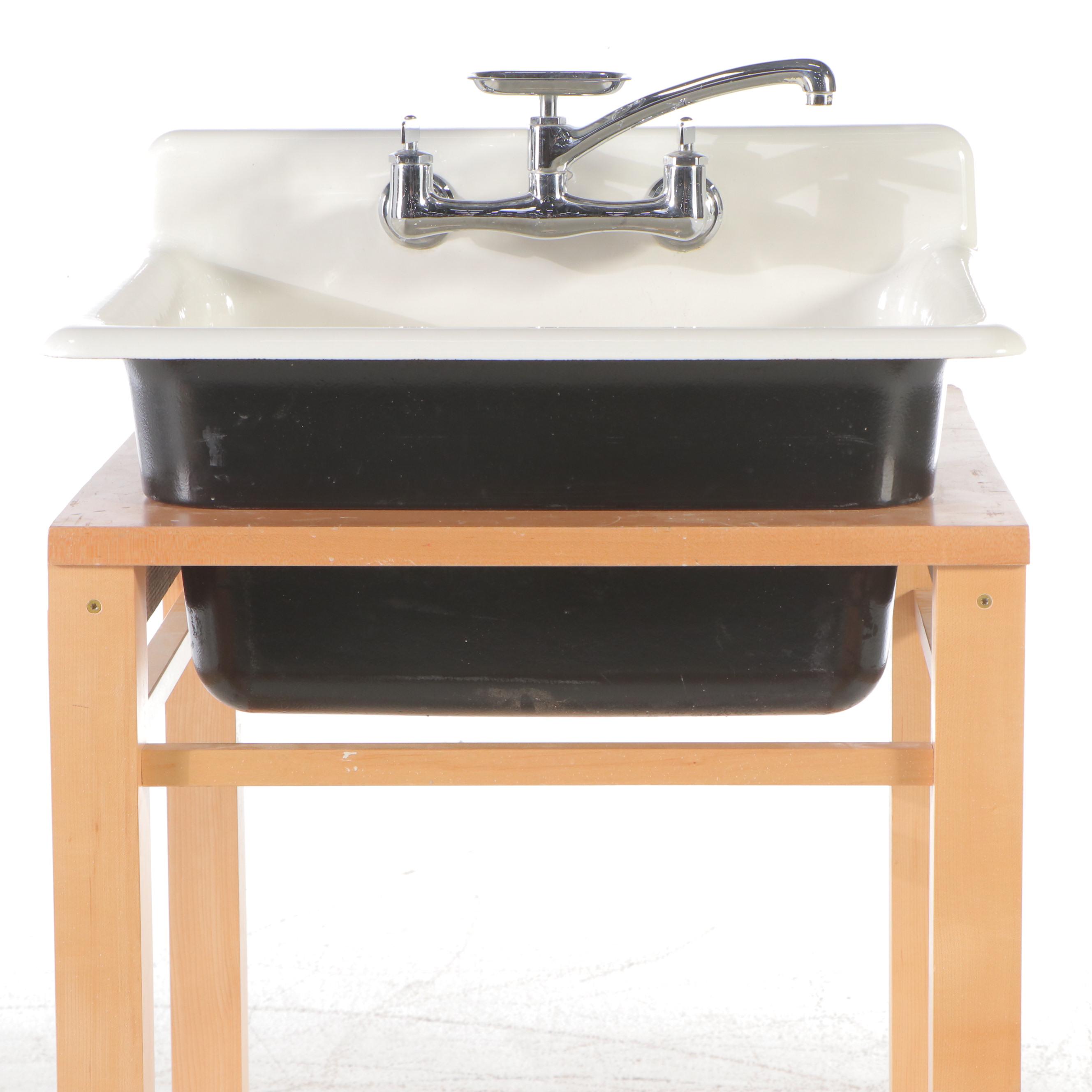 White Enameled Cast Iron Utility Sink in Wood Frame