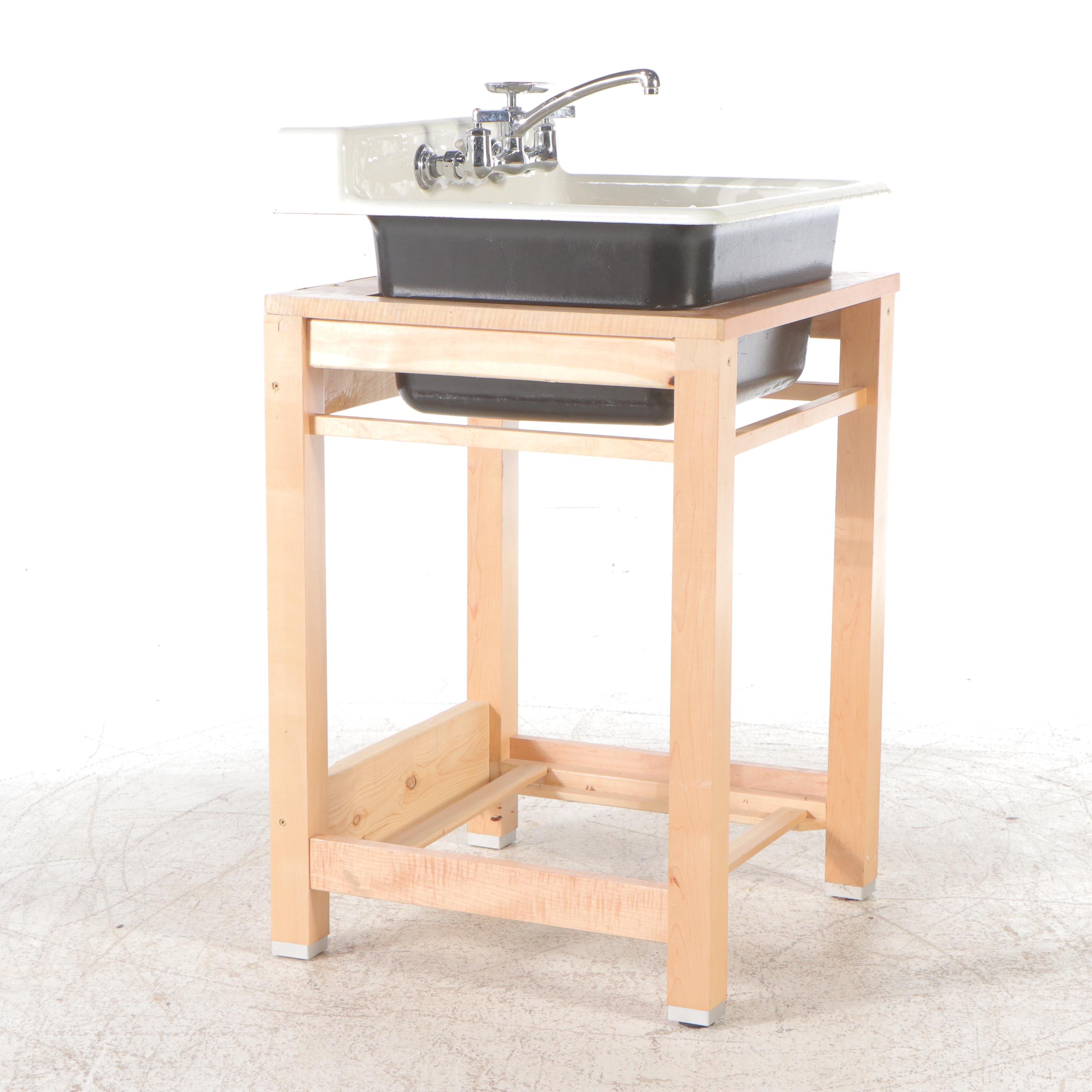 White Enameled Cast Iron Utility Sink in Wood Frame