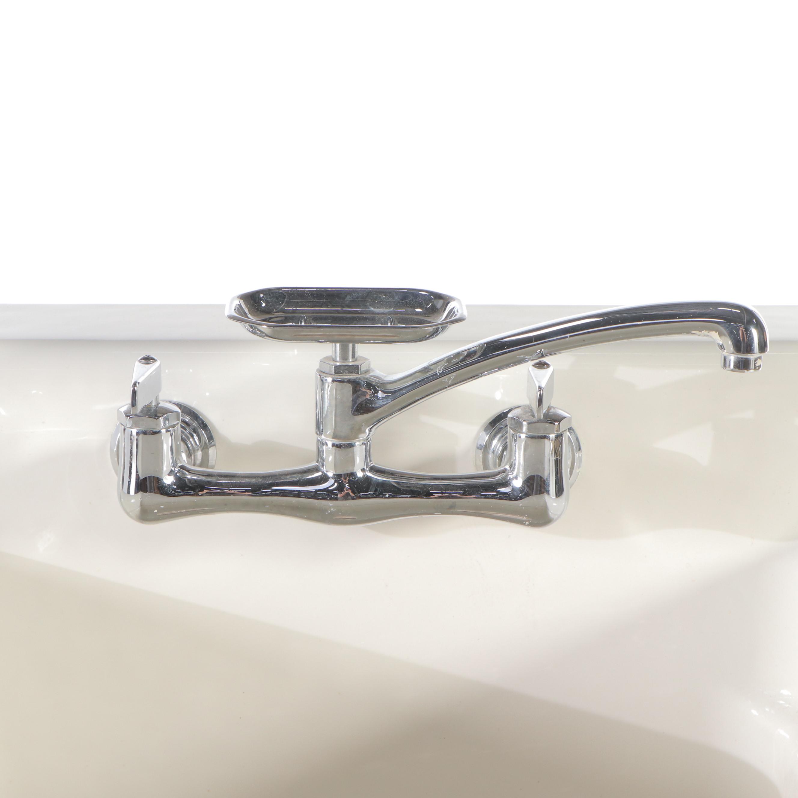 White Enameled Cast Iron Utility Sink in Wood Frame