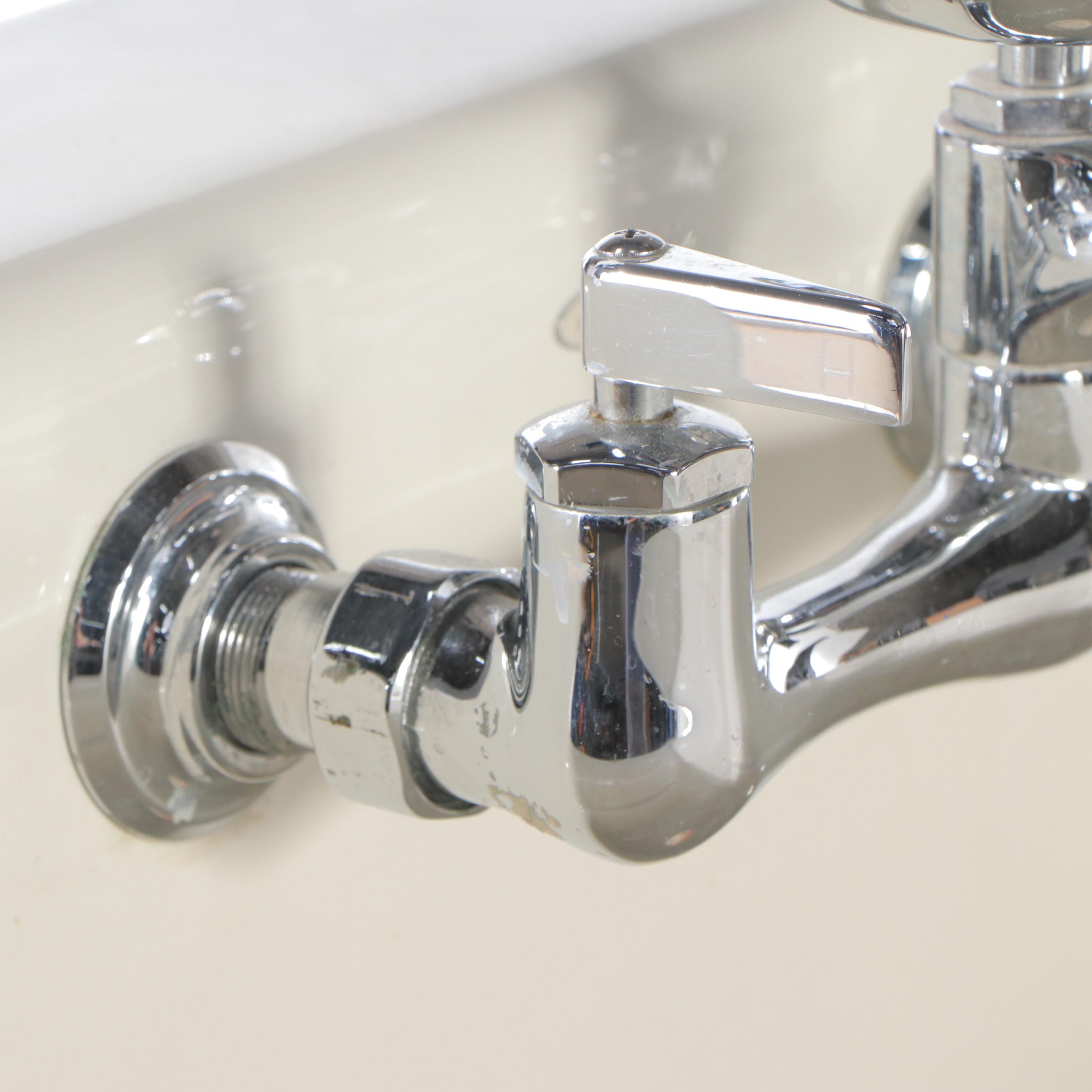 White Enameled Cast Iron Utility Sink in Wood Frame