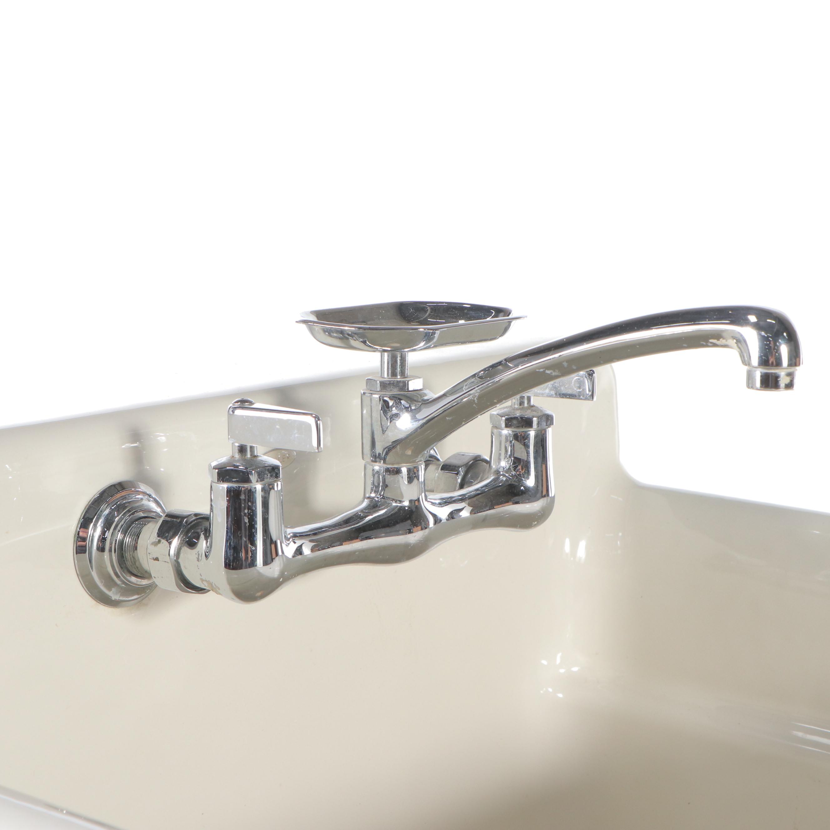 White Enameled Cast Iron Utility Sink in Wood Frame