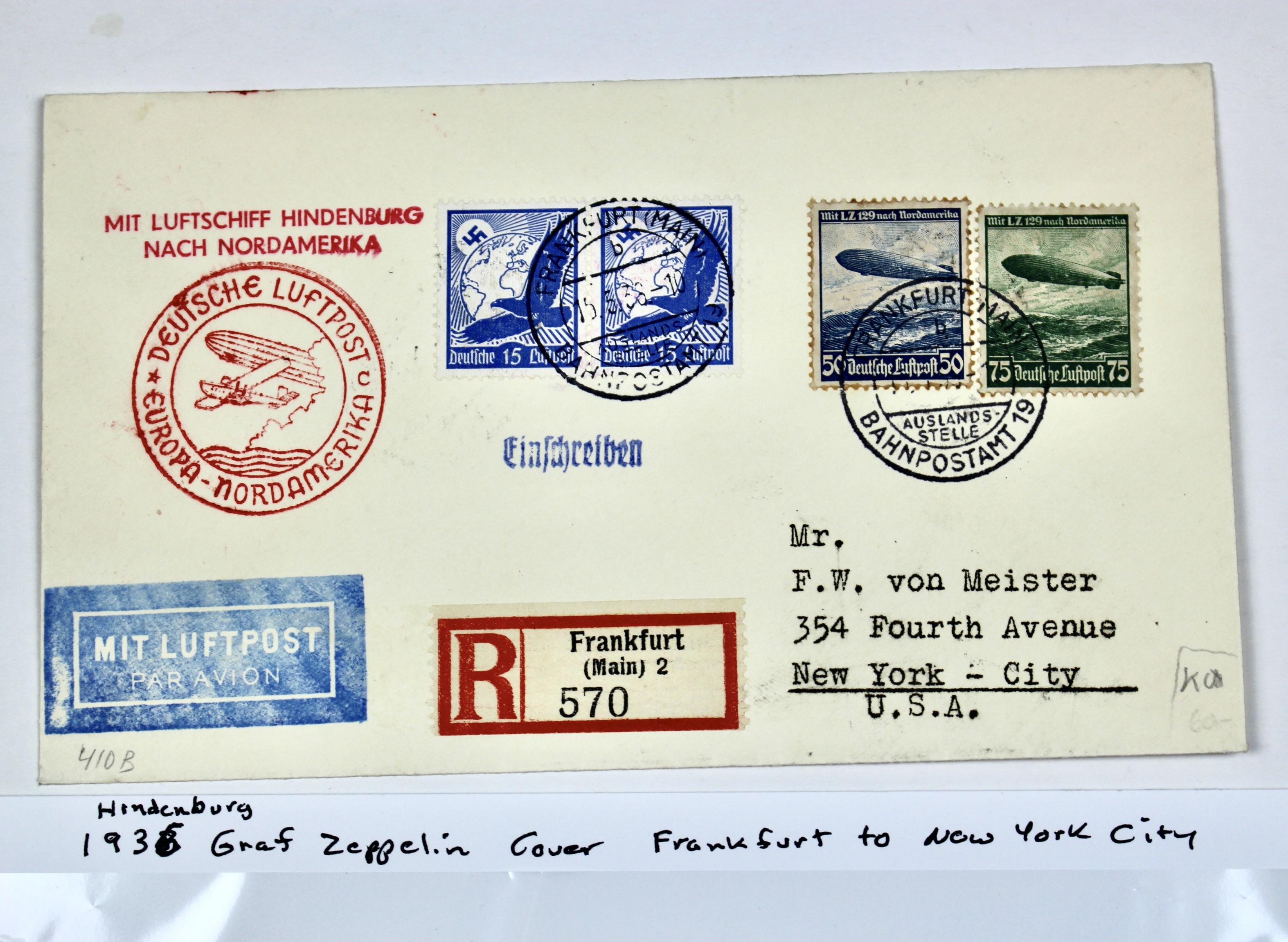 1936 Hindenburg Graf Zeppelin Postal Cover, Frankfurt to NYC