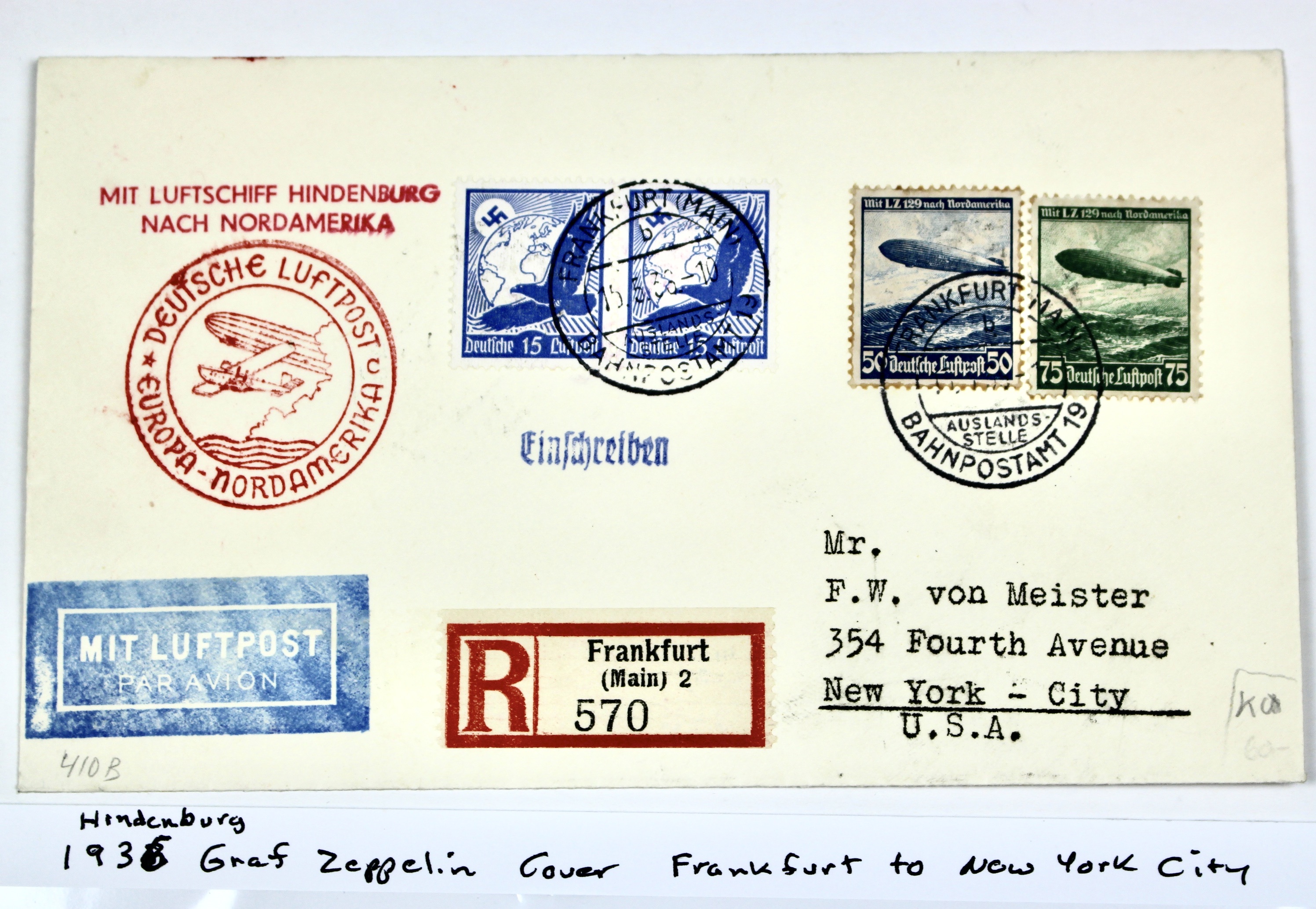 1936 Hindenburg Graf Zeppelin Postal Cover, Frankfurt to NYC