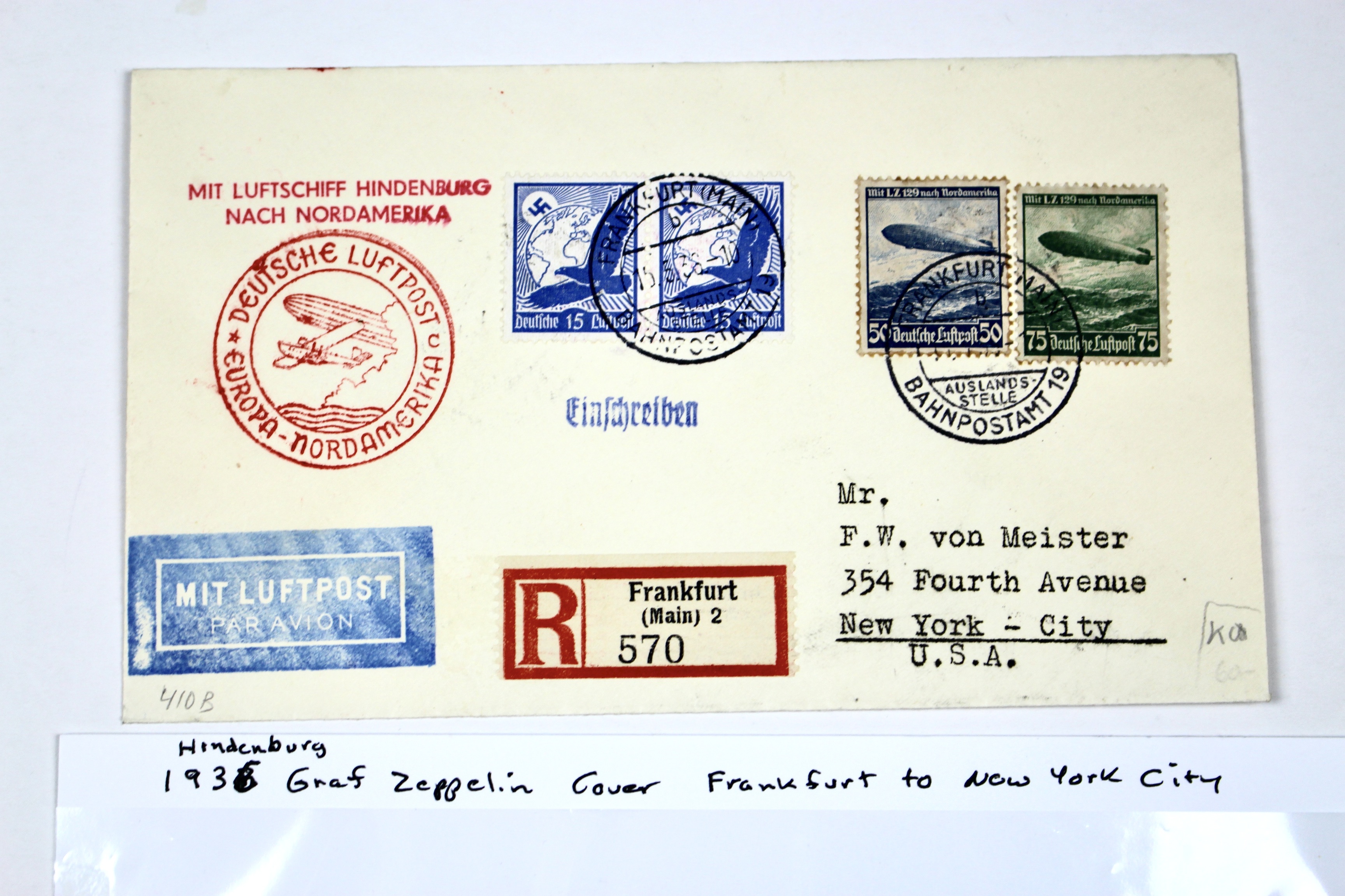 1936 Hindenburg Graf Zeppelin Postal Cover, Frankfurt to NYC