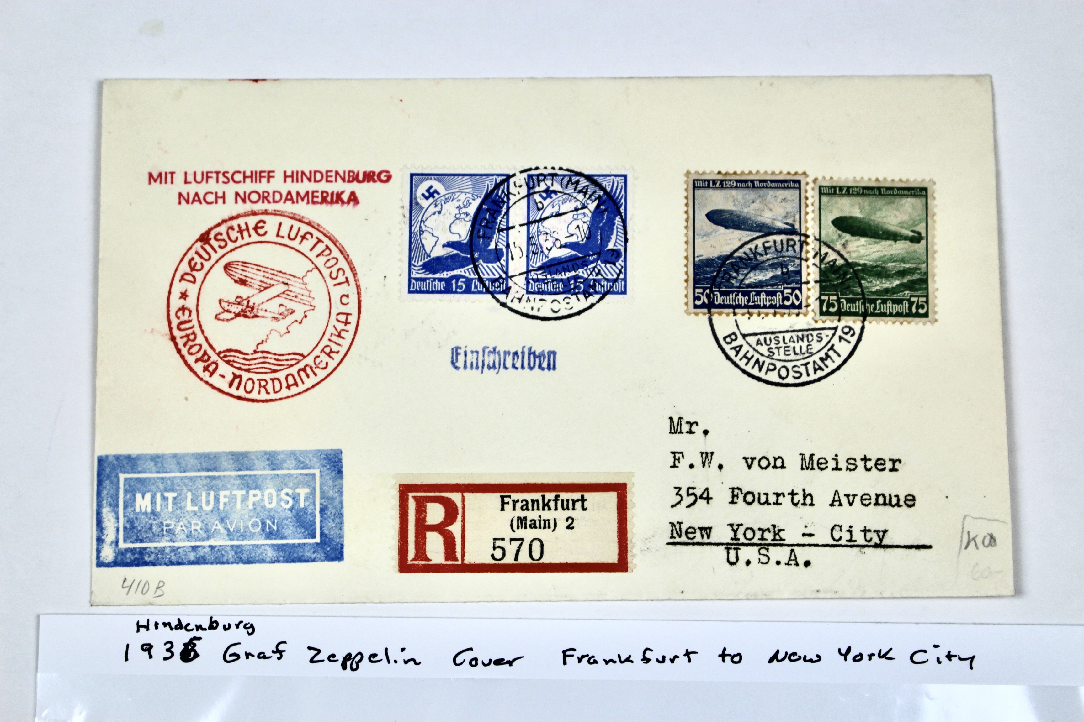 1936 Hindenburg Graf Zeppelin Postal Cover, Frankfurt to NYC