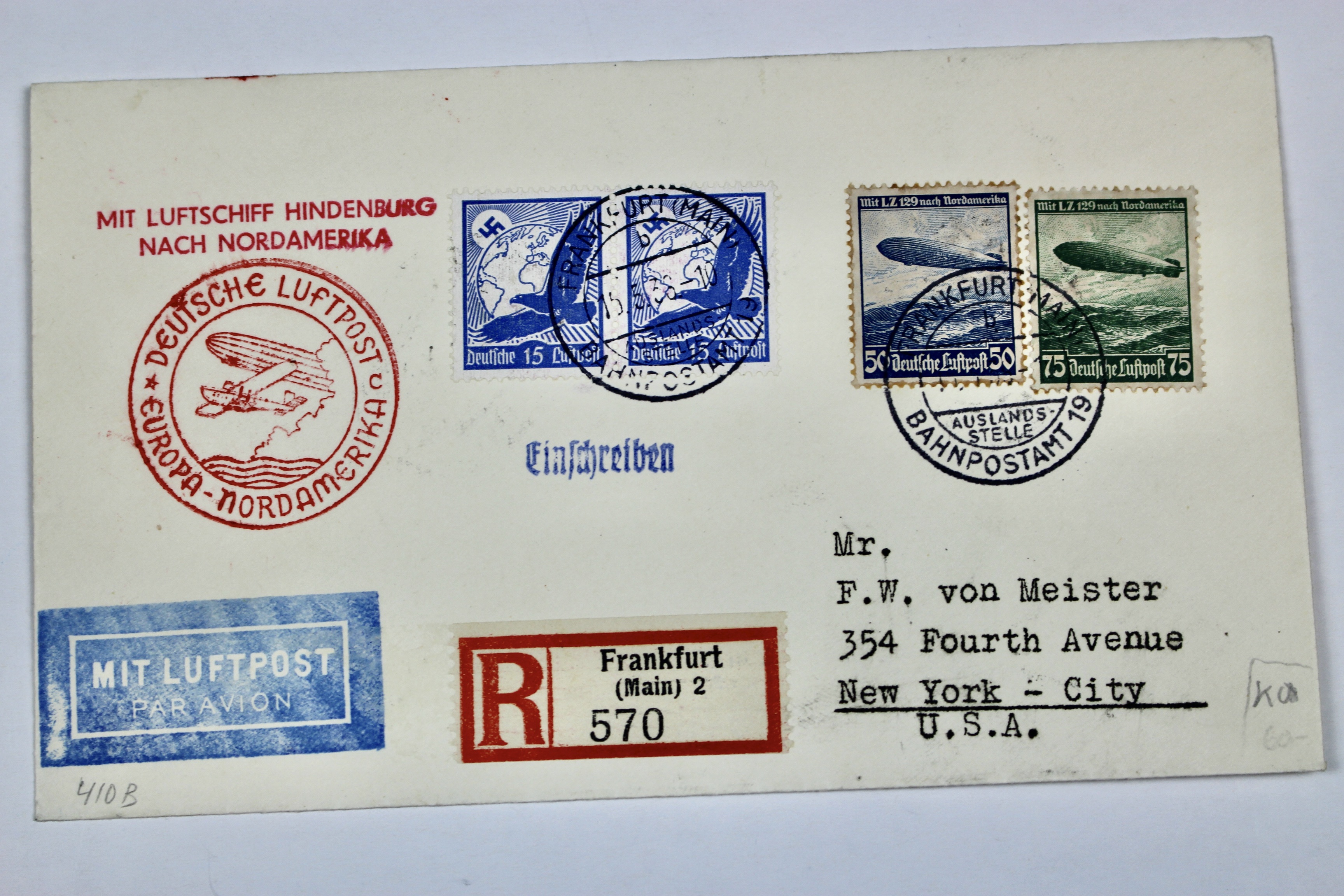 1936 Hindenburg Graf Zeppelin Postal Cover, Frankfurt to NYC