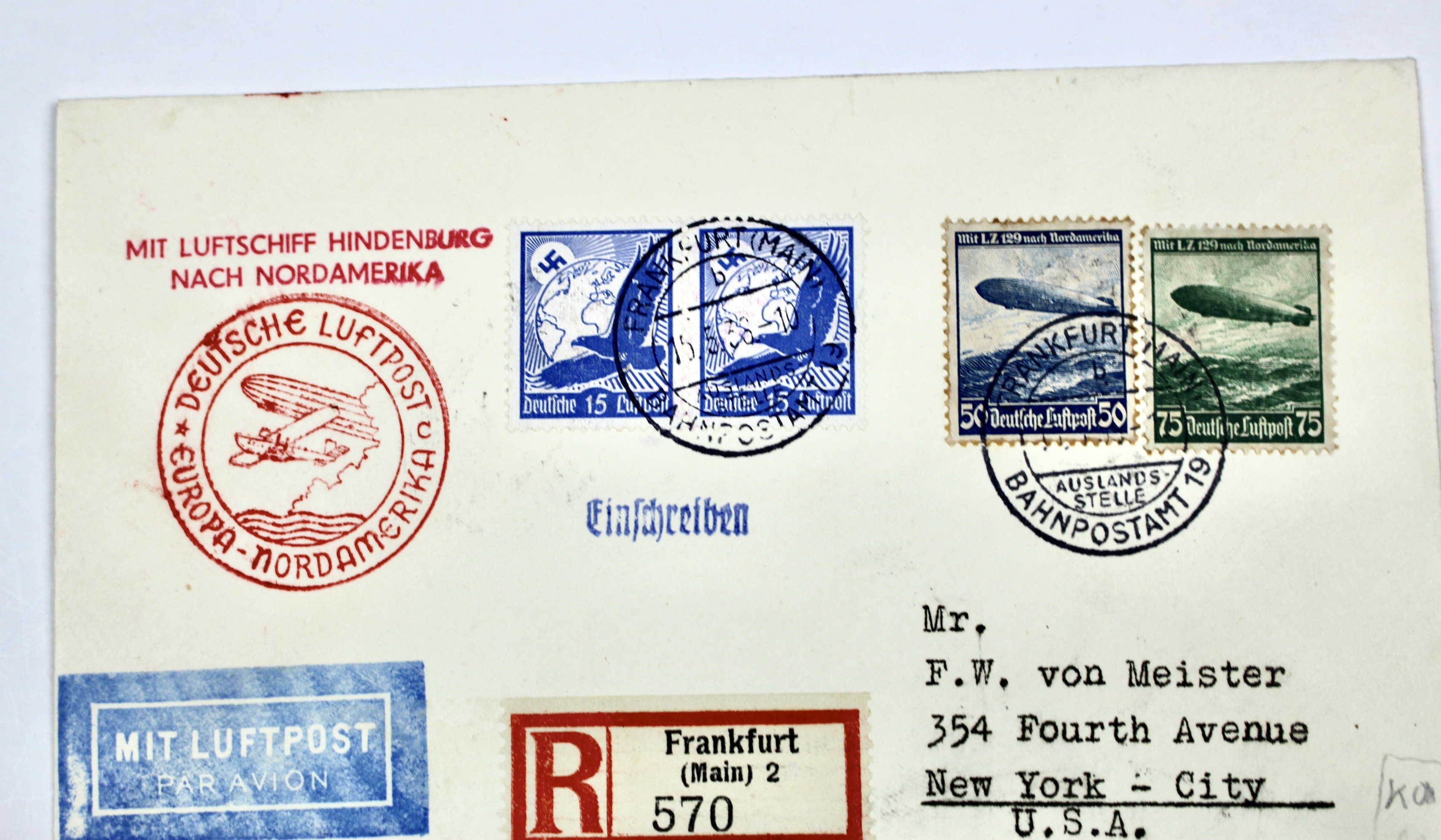 1936 Hindenburg Graf Zeppelin Postal Cover, Frankfurt to NYC