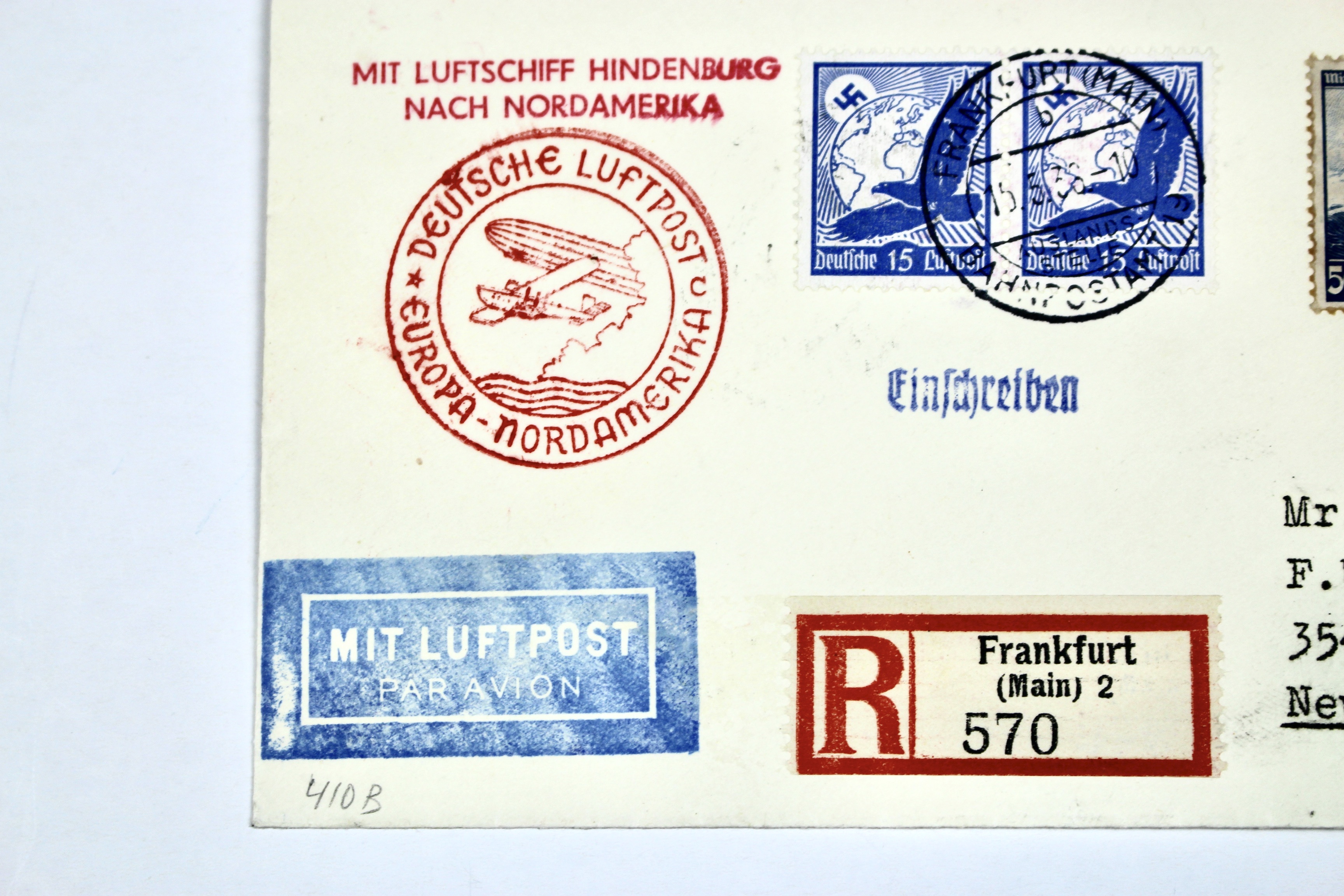 1936 Hindenburg Graf Zeppelin Postal Cover, Frankfurt to NYC