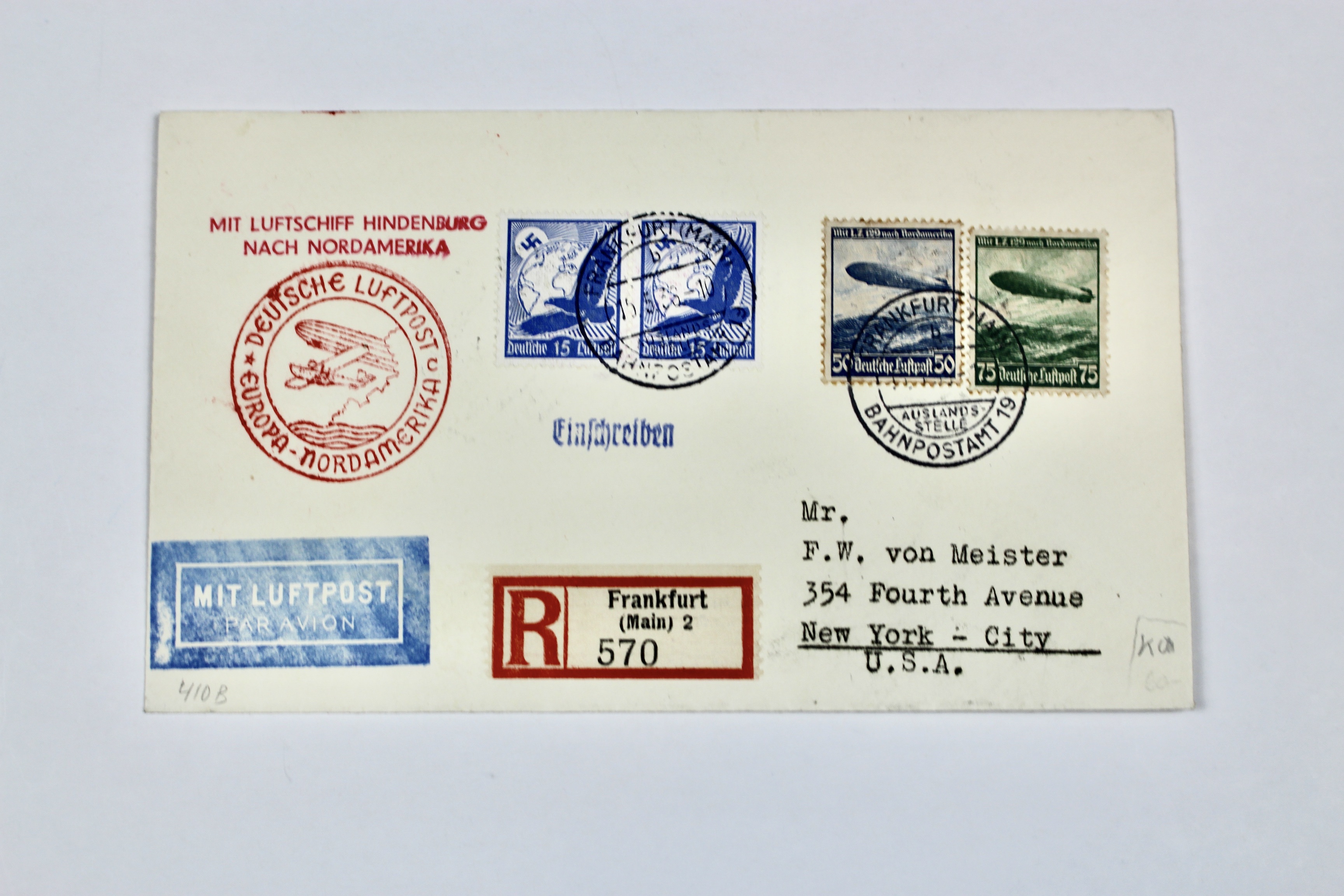 1936 Hindenburg Graf Zeppelin Postal Cover, Frankfurt to NYC