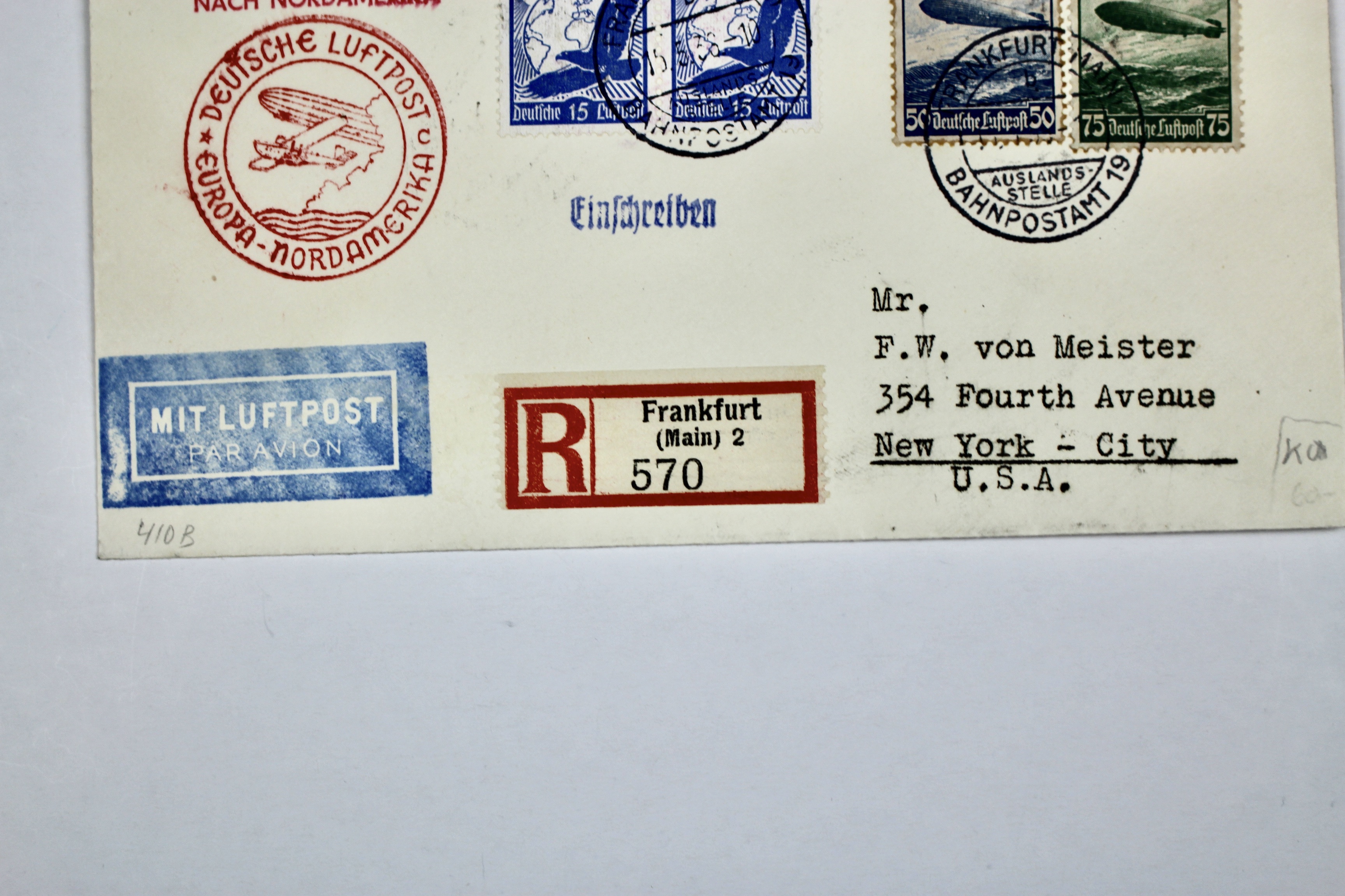 1936 Hindenburg Graf Zeppelin Postal Cover, Frankfurt to NYC
