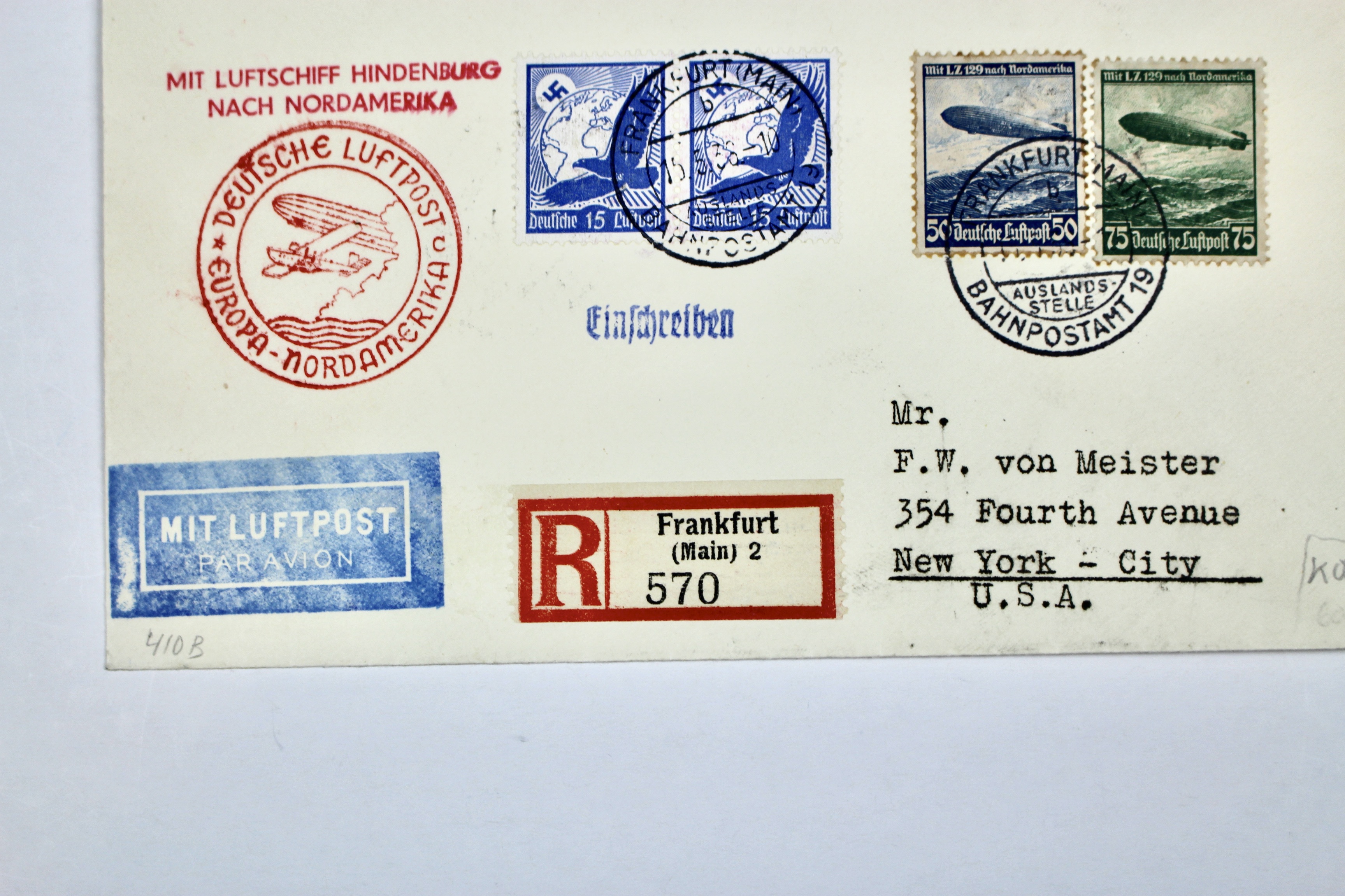 1936 Hindenburg Graf Zeppelin Postal Cover, Frankfurt to NYC