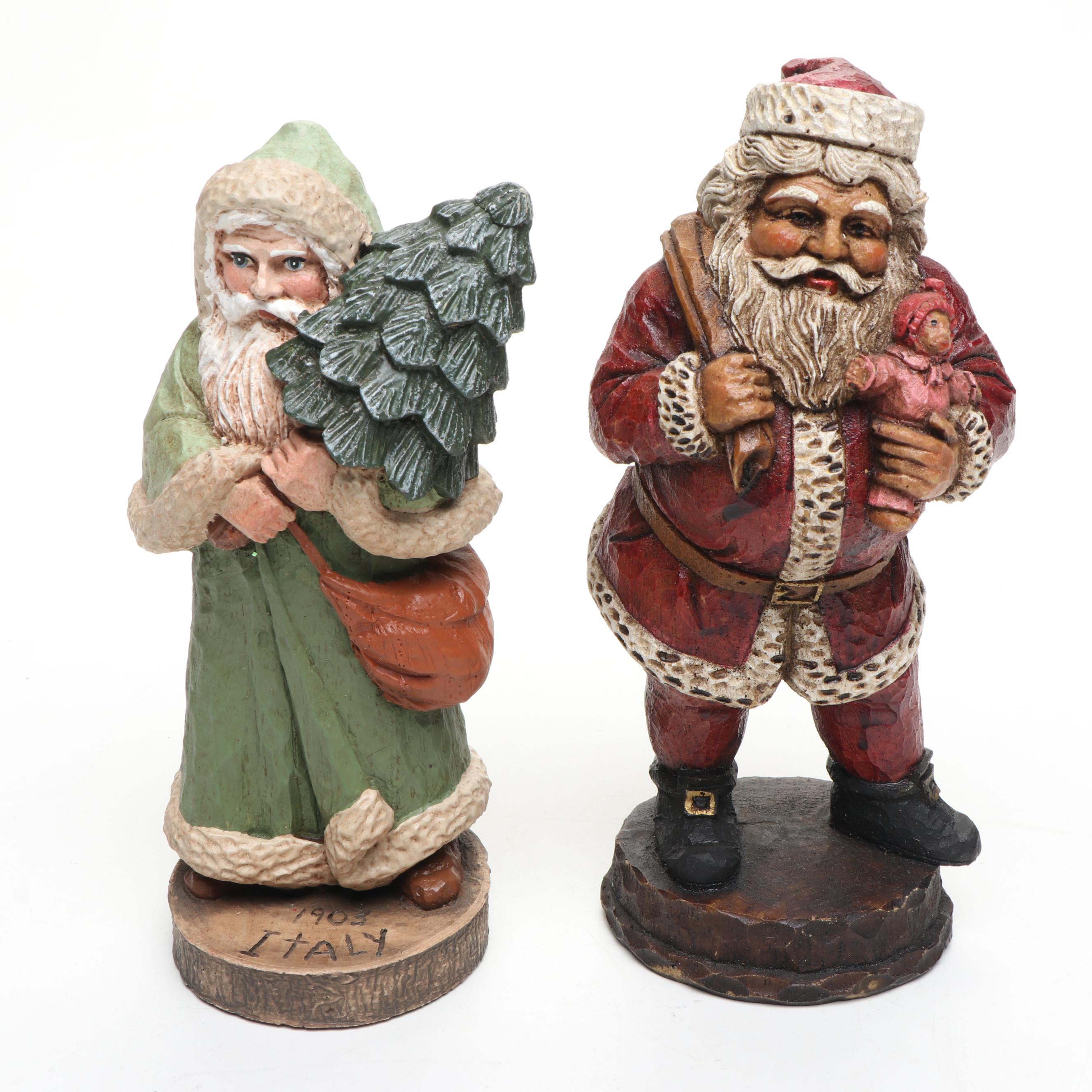 Wooden Santa with Other Figurines, Apron, Tapestry and Music Box