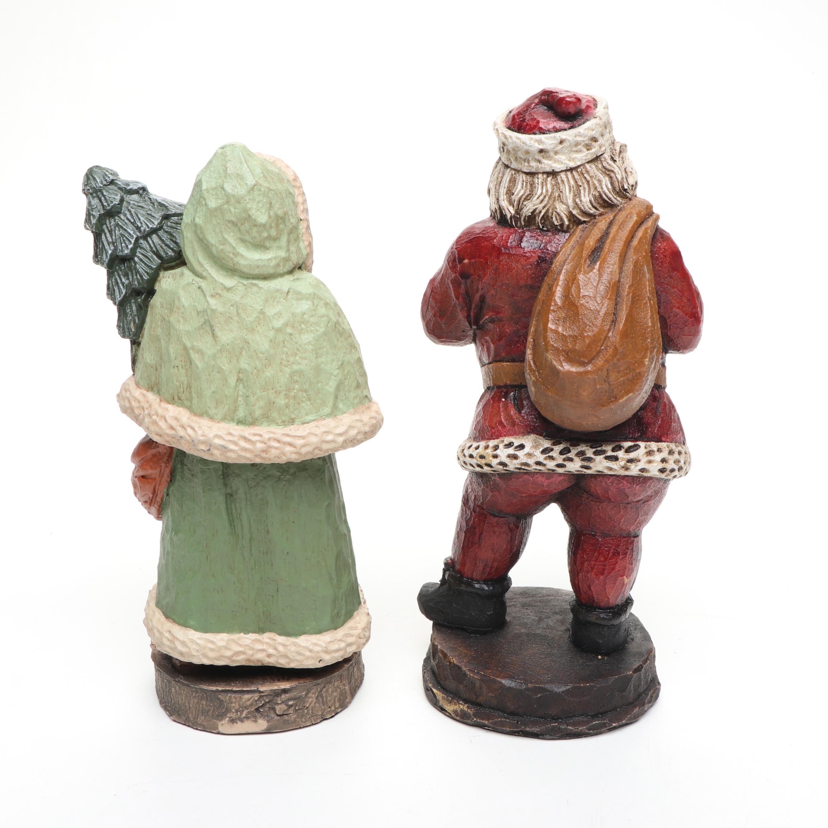 Wooden Santa with Other Figurines, Apron, Tapestry and Music Box