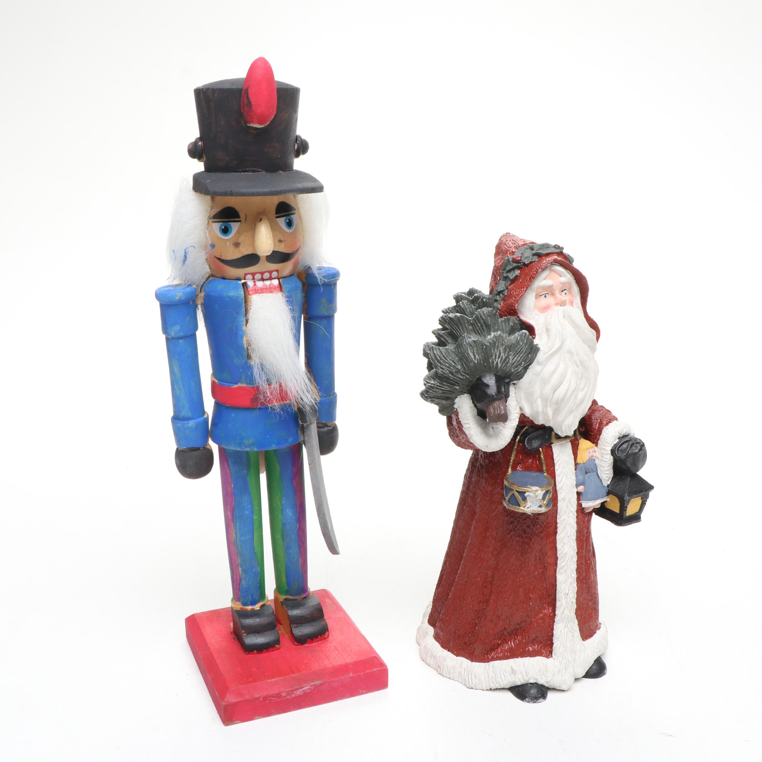 Wooden Santa with Other Figurines, Apron, Tapestry and Music Box