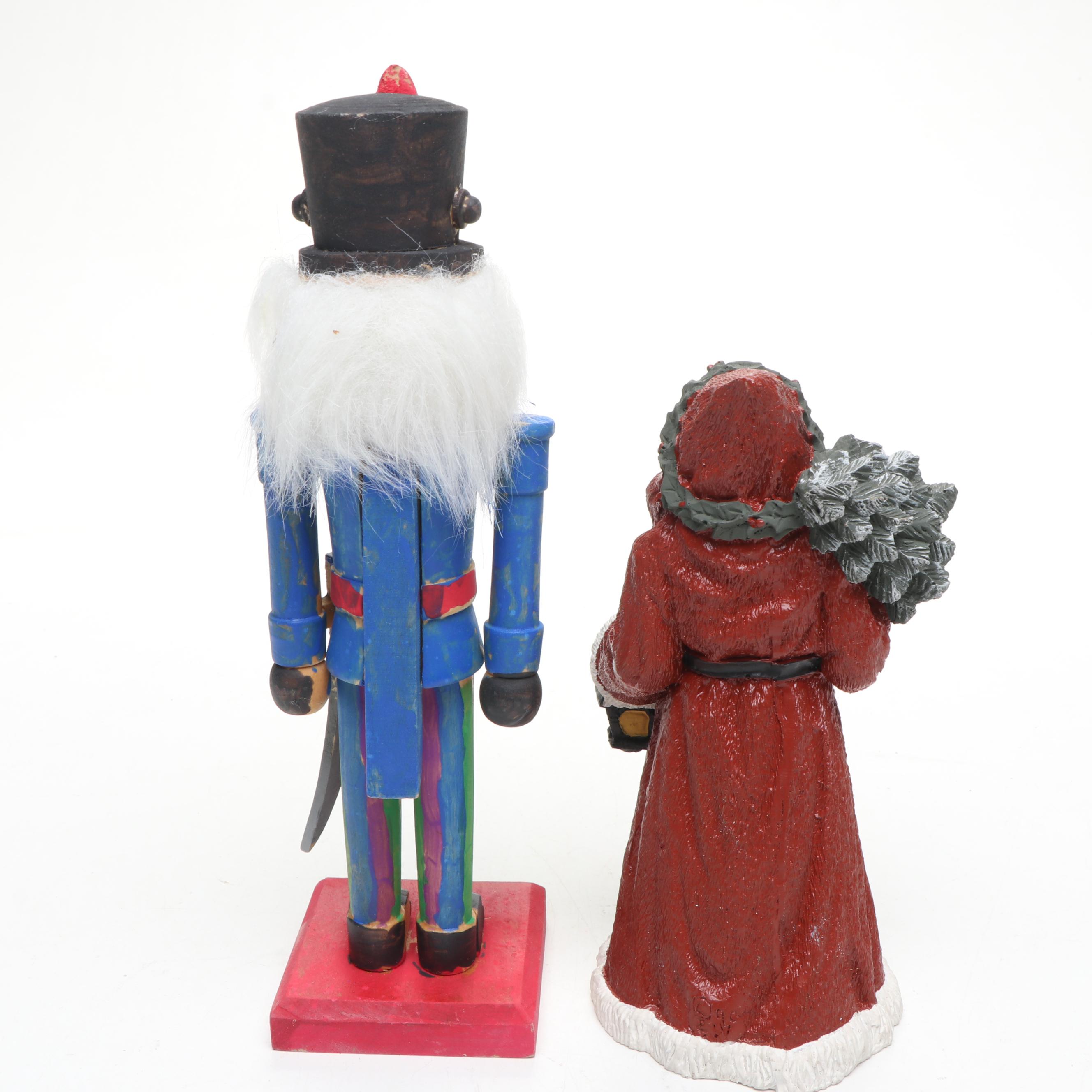 Wooden Santa with Other Figurines, Apron, Tapestry and Music Box