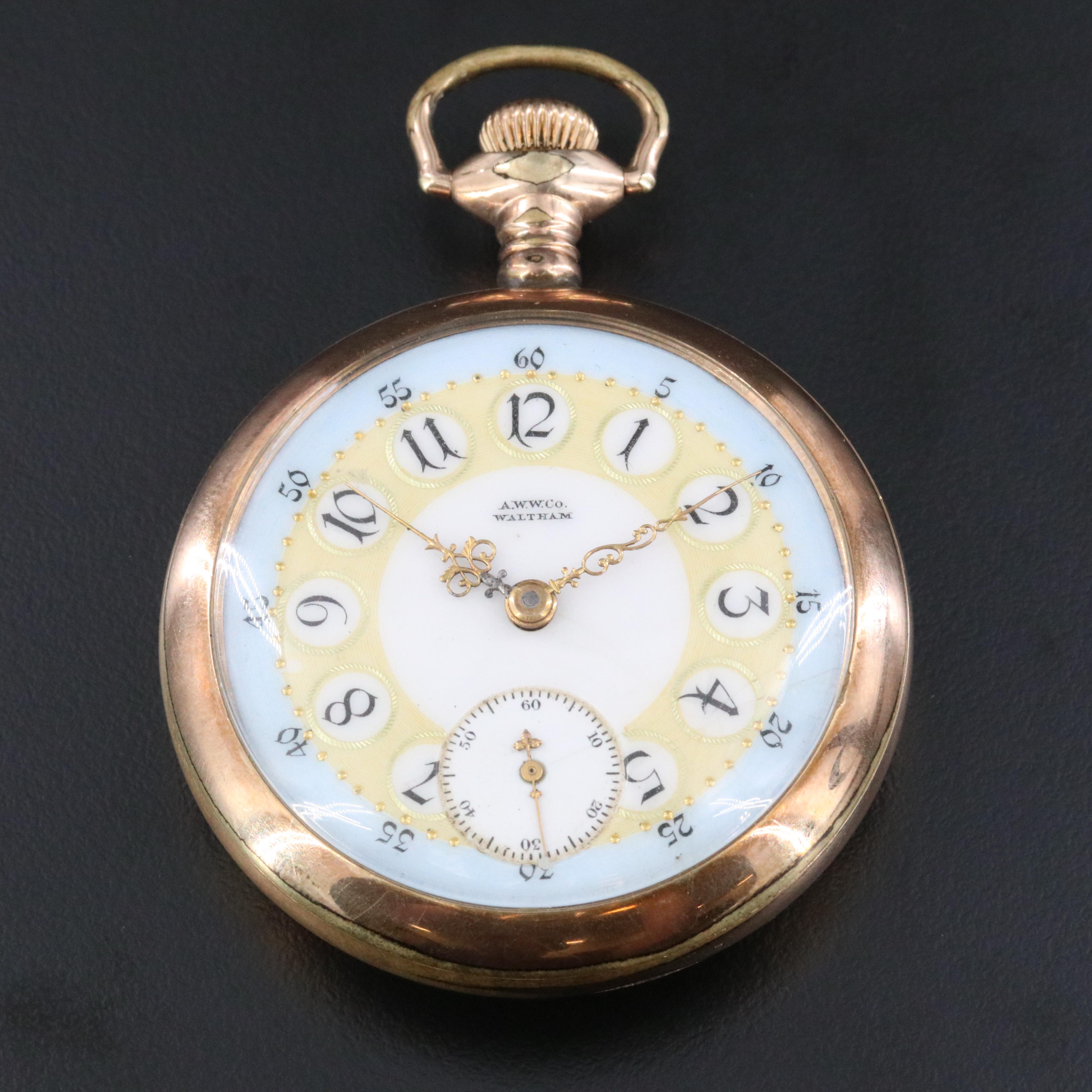 American Waltham Watch Co. Ornate Dial Open Face Gold Filled Pocket Watch
