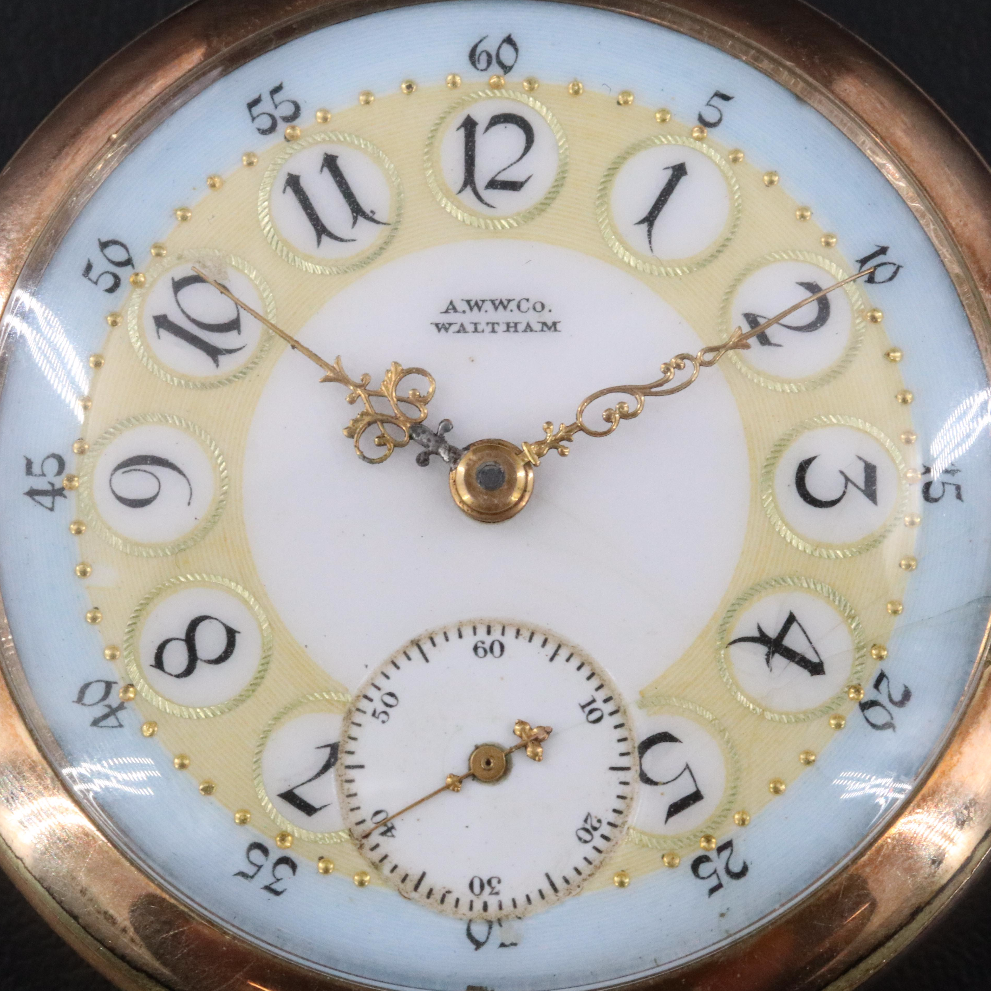 American Waltham Watch Co. Ornate Dial Open Face Gold Filled Pocket Watch