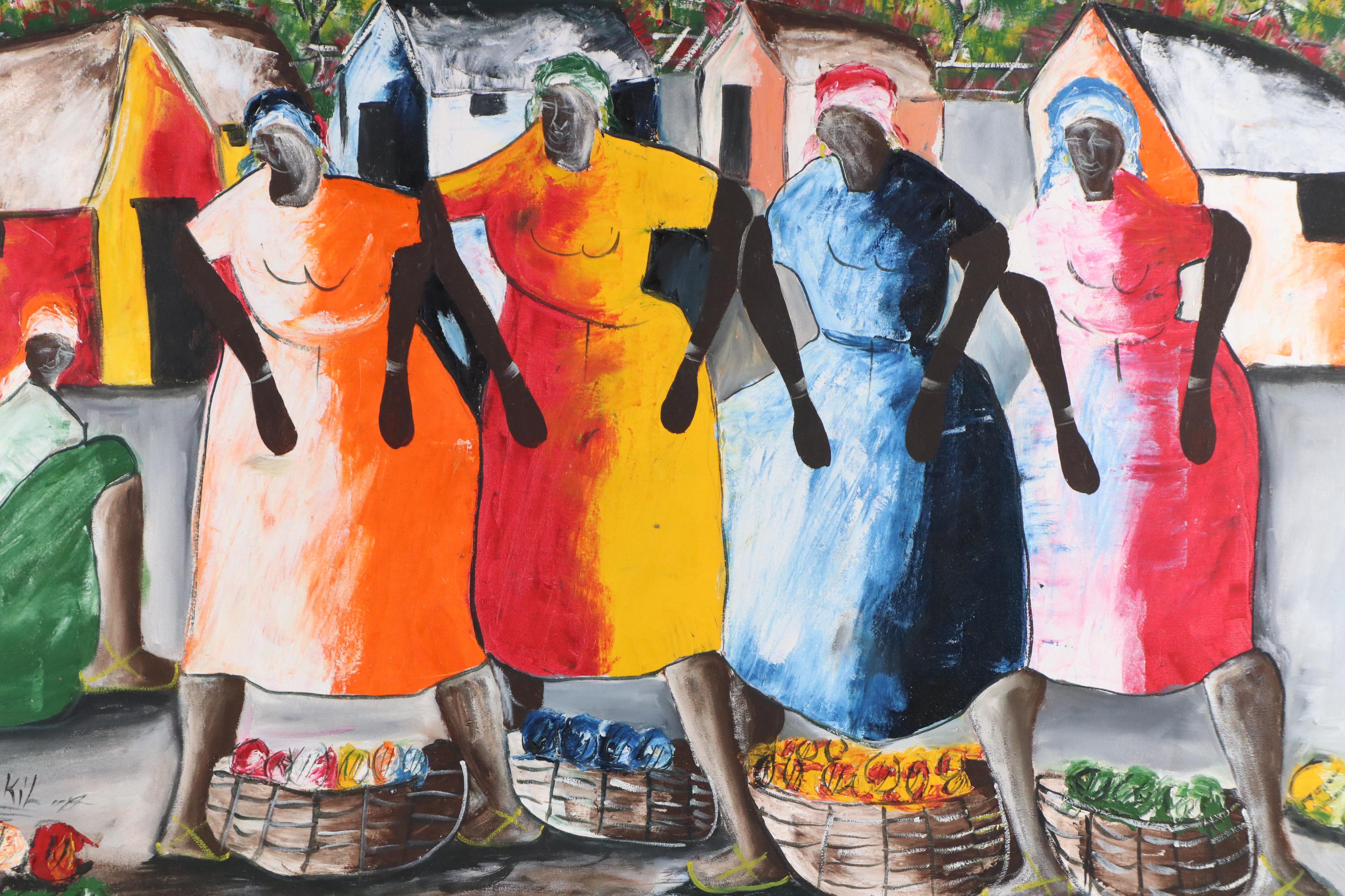 Wilkil Haitian School Genre Scene Acrylic Painting, Circa 1979