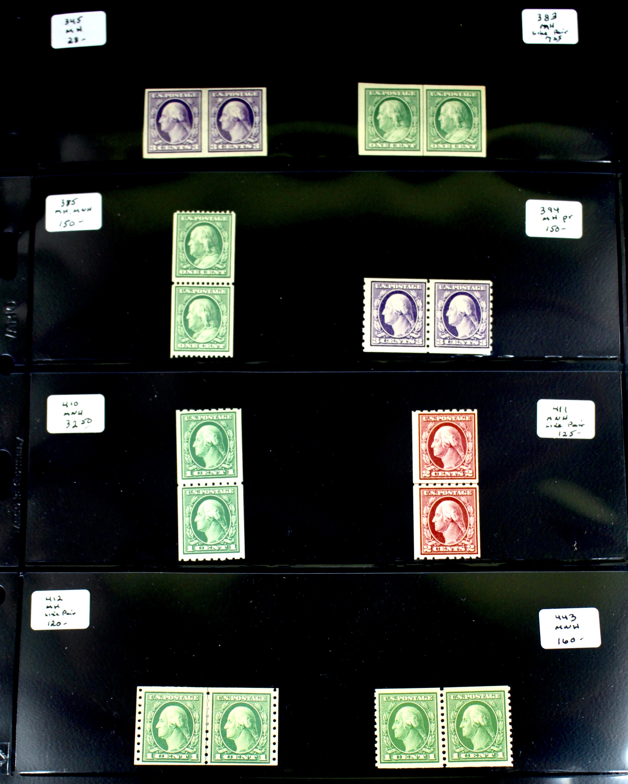Fifteen Different Mint Condition U.S. Stamp Pairs, Scott 345 to 497