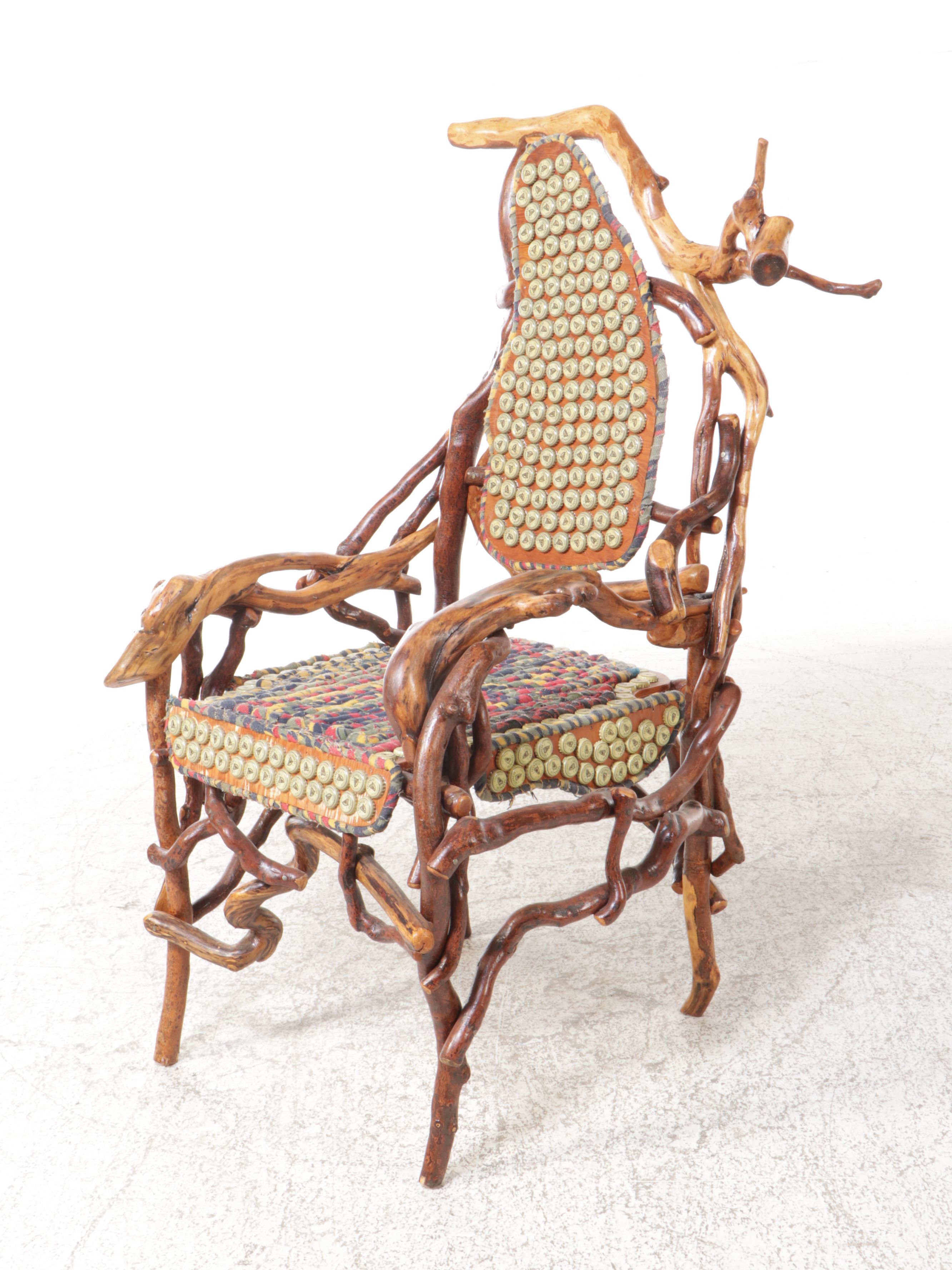 Robert Beaven Adirondack Style Root Wood Armchair with Guinness Bottle Caps