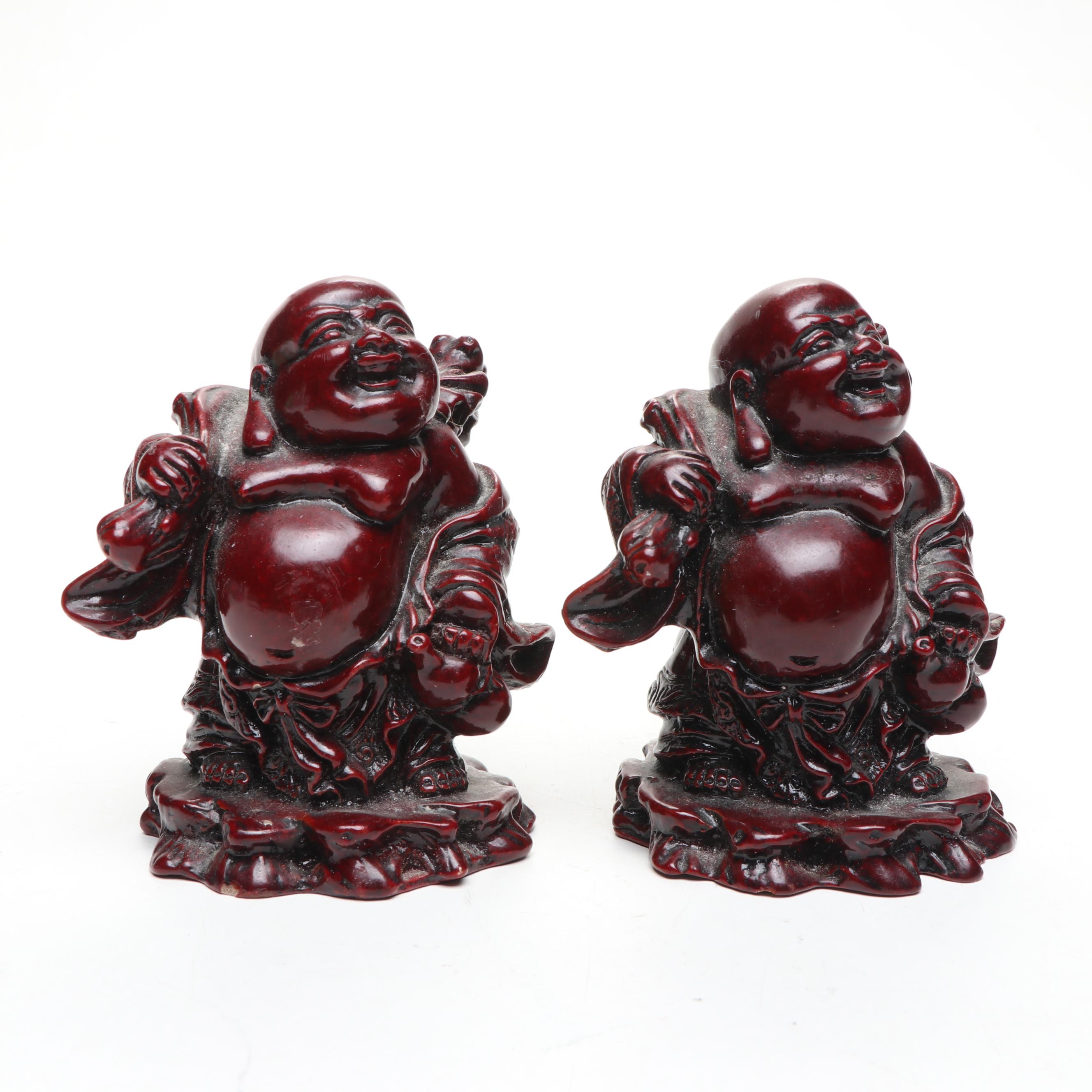 Carved Wood and Resin Budai Figurines