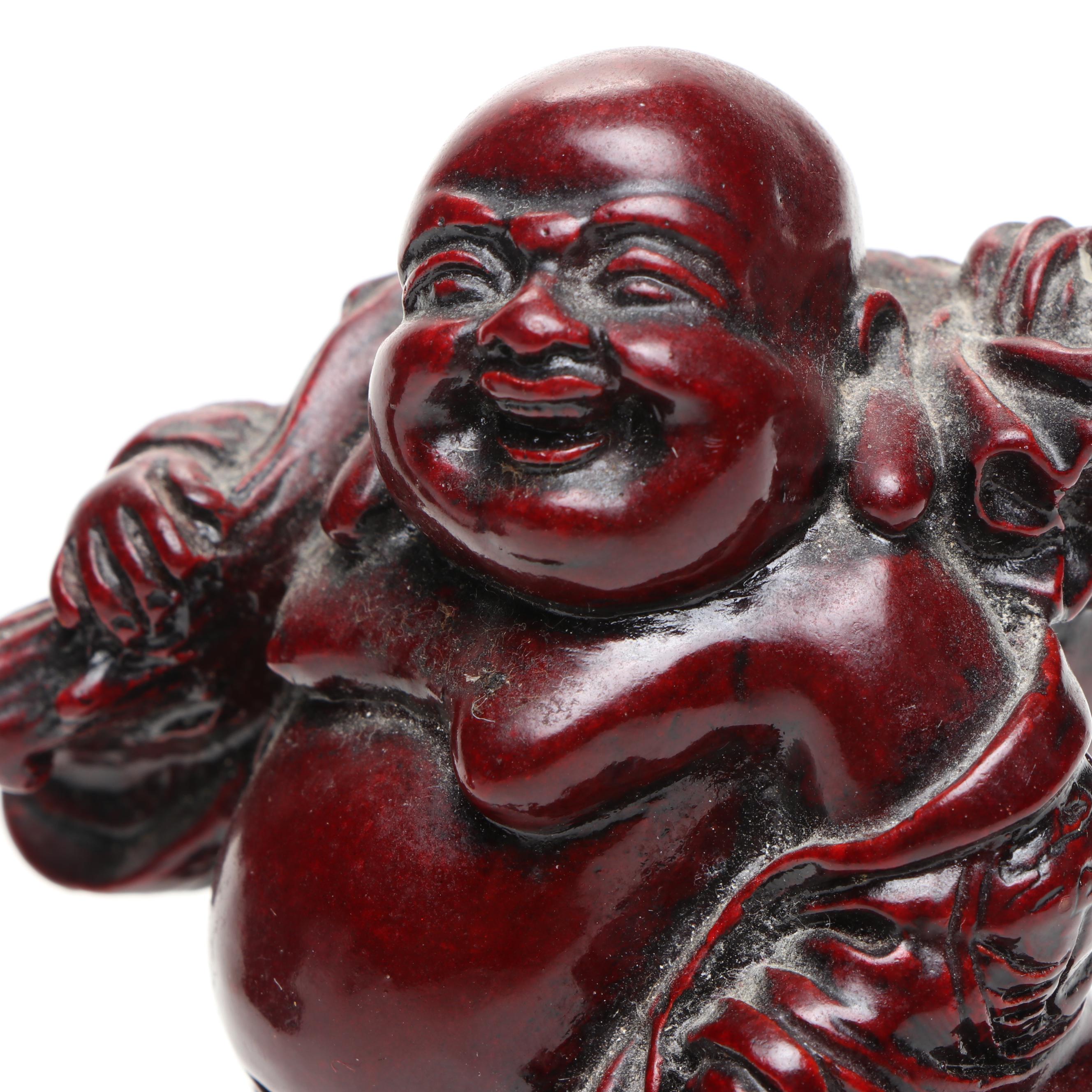 Carved Wood and Resin Budai Figurines
