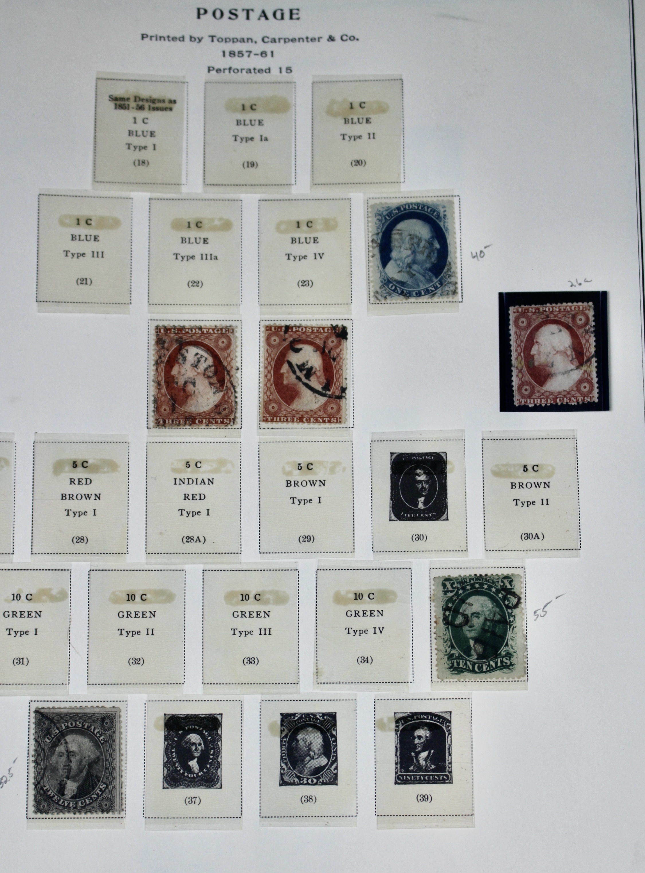 Fifteen Different Early Used U.S. Postage Stamps, 1851 to 1866