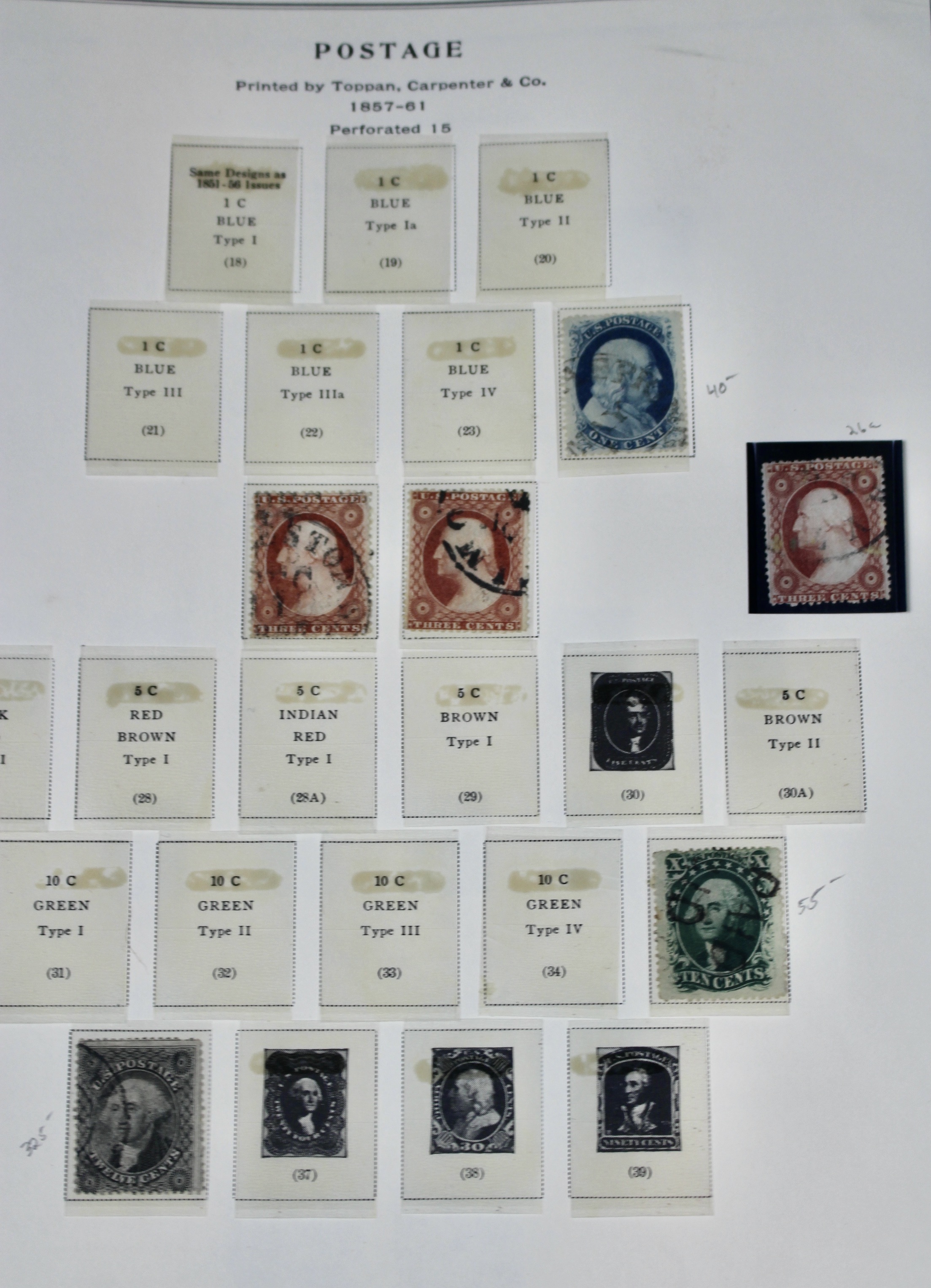 Fifteen Different Early Used U.S. Postage Stamps, 1851 to 1866